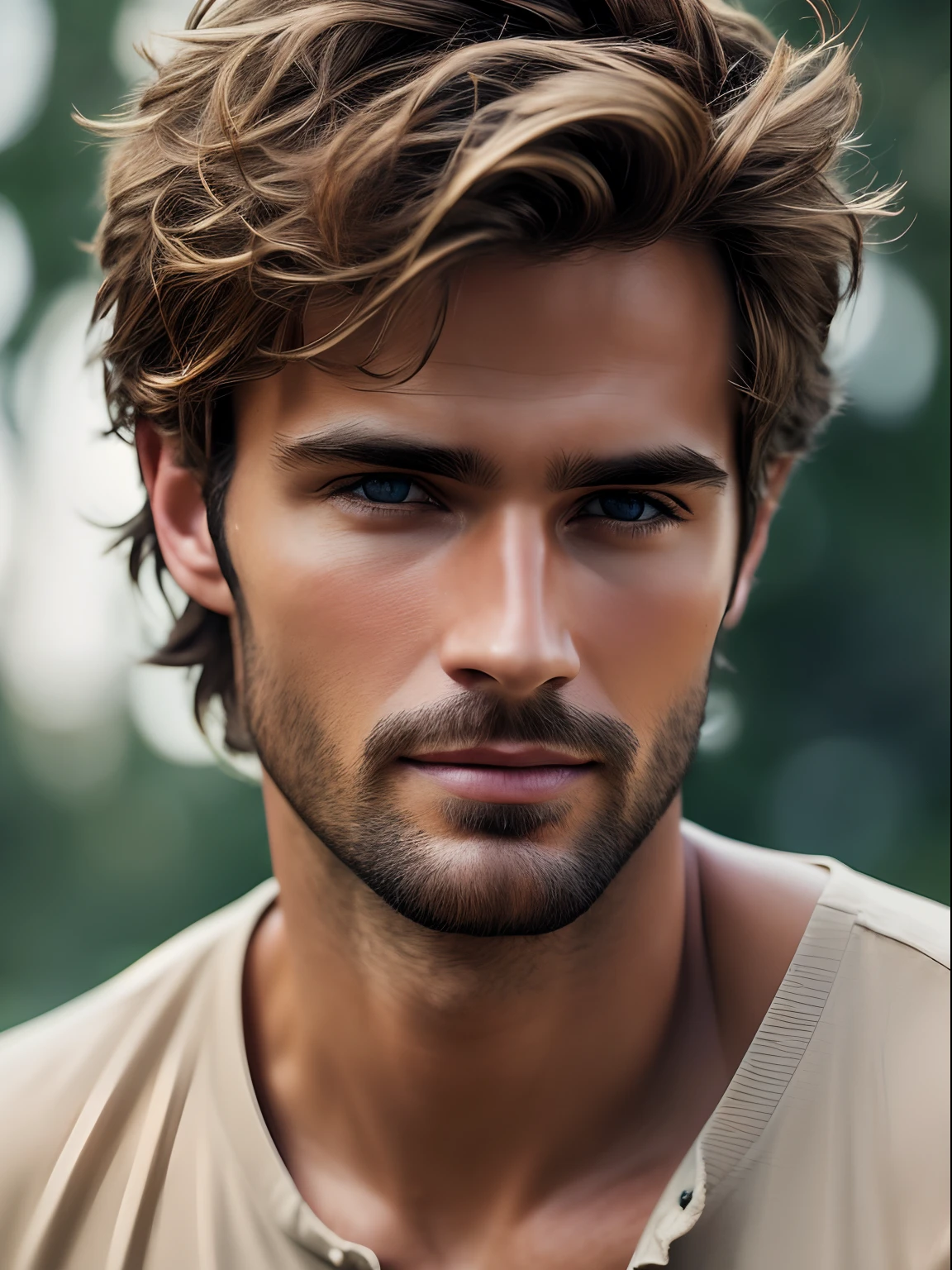 Photorealistic of a insanely handsome man with light brown messy hair, honey eyes, in the style of panasonic lumix s pro 50mm f/1.4, light beige and dark azure, celebrity images mashups, soft realism, barbiecore, unreal engine 5, 32k uhd, luminous quality, Brazilian realism, niji 5