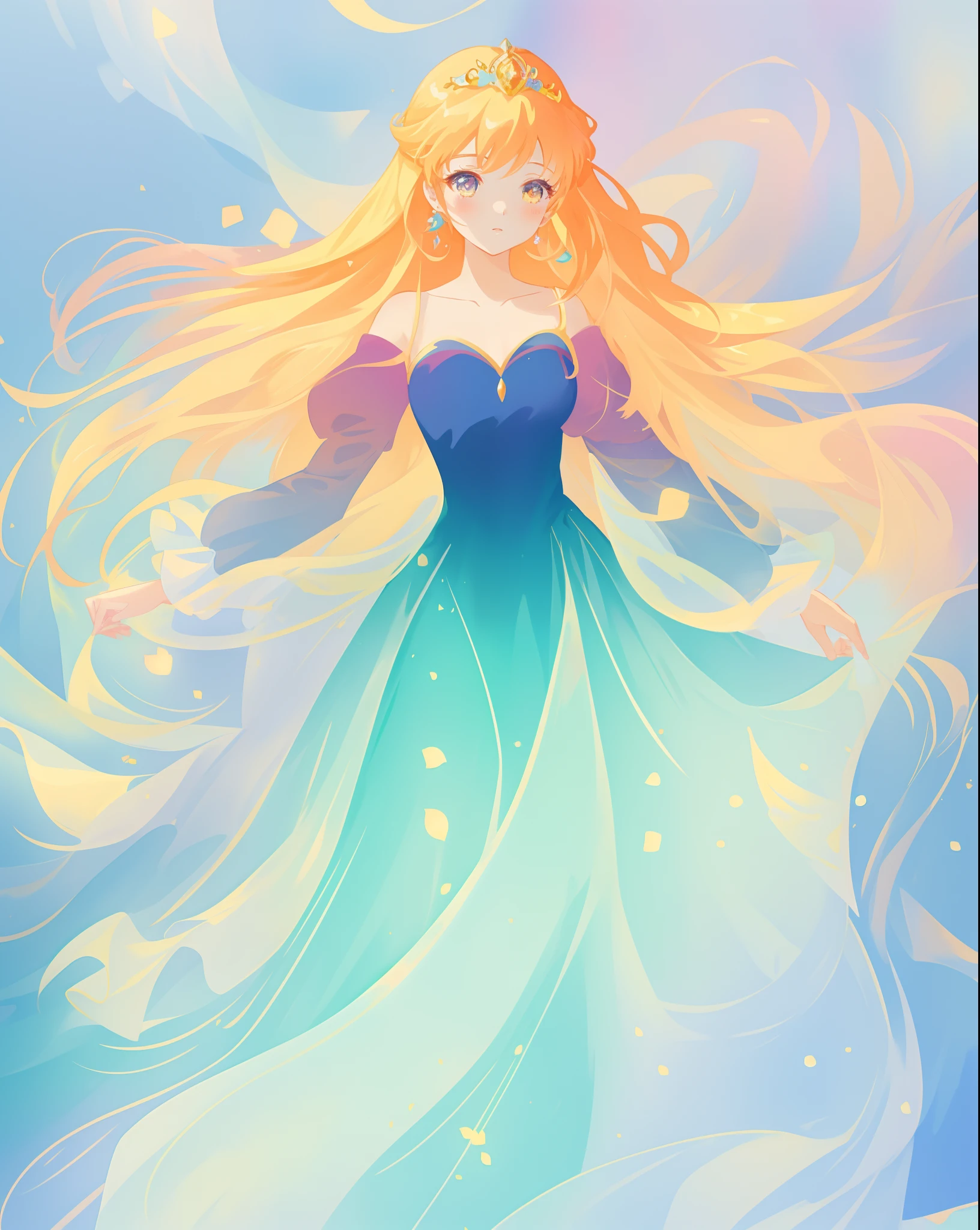 beautiful girl in gradient blue princess ballgown with puffy long sleeves, long flowing gold peach hair, liquid theme, vibrant pastel colors, colorful fantasia background, watercolor illustration, disney art style, beautiful digital illustration, beautiful, masterpiece, best quality, anime disney style, beautiful face