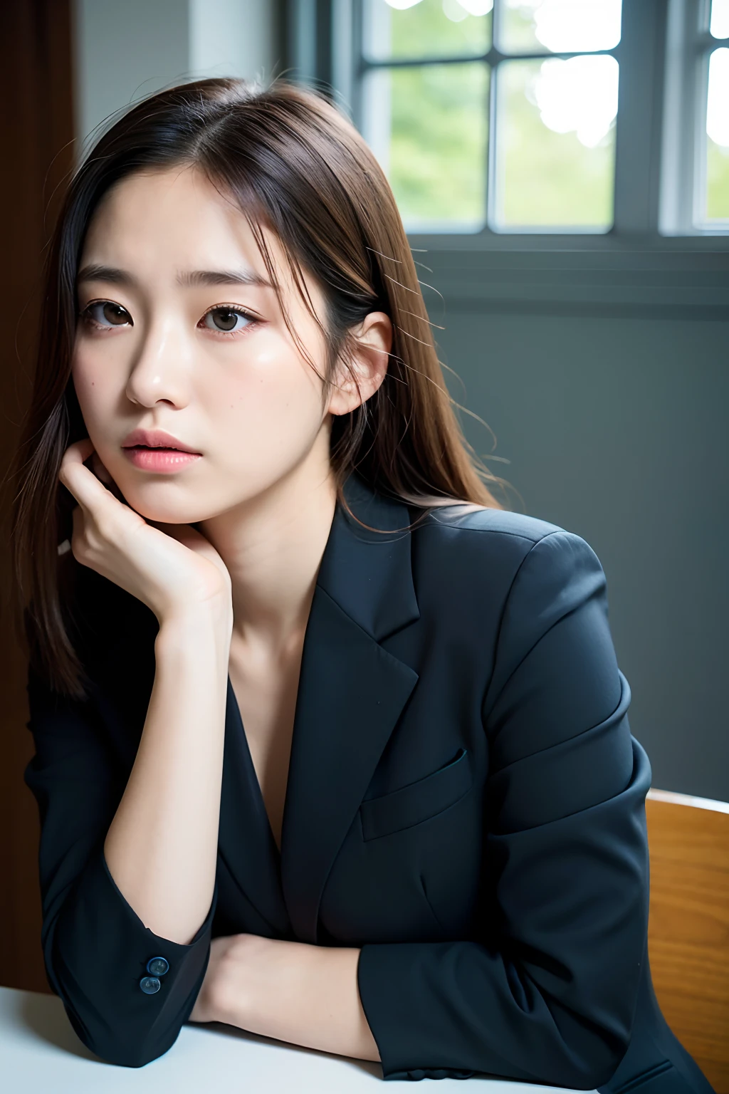 Natural light, Girl in a black suit, (Best Quality, masutepiece: 1.2), Woman、Troubled face、Right hand under chin