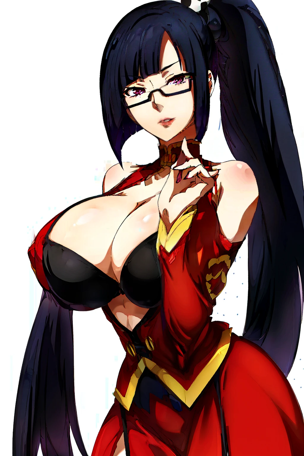 Red dress, chinese clothes, cleavage cutout, clothing cutout, bare shoulders, 
semi-rimless eyewear, 
 black hair, very long hair, ponytail,Bangs,purple eyes,
1 girl, 20yo,Young female,Beautiful Finger,Beautiful long legs,Beautiful body,
Beautiful Nose,Beautiful character design, perfect eyes, perfect face,expressive eyes,perfect balance,
looking at viewer,(Focus on her face),
official art,extremely detailed CG unity 8k wallpaper, perfect lighting,Colorful, Bright_Front_face_Lighting,White skin,
(masterpiece:1.0),(best_quality:1.0), ultra high res,4K,ultra-detailed,
photography, 8K, HDR, highres, absurdres:1.2, Kodak portra 400, film grain, blurry background, bokeh:1.2, lens flare, (vibrant_color:1.2),professional photograph,
(Beautiful,huge_Breasts:1.4), (beautiful_face:1.5),(narrow_waist),