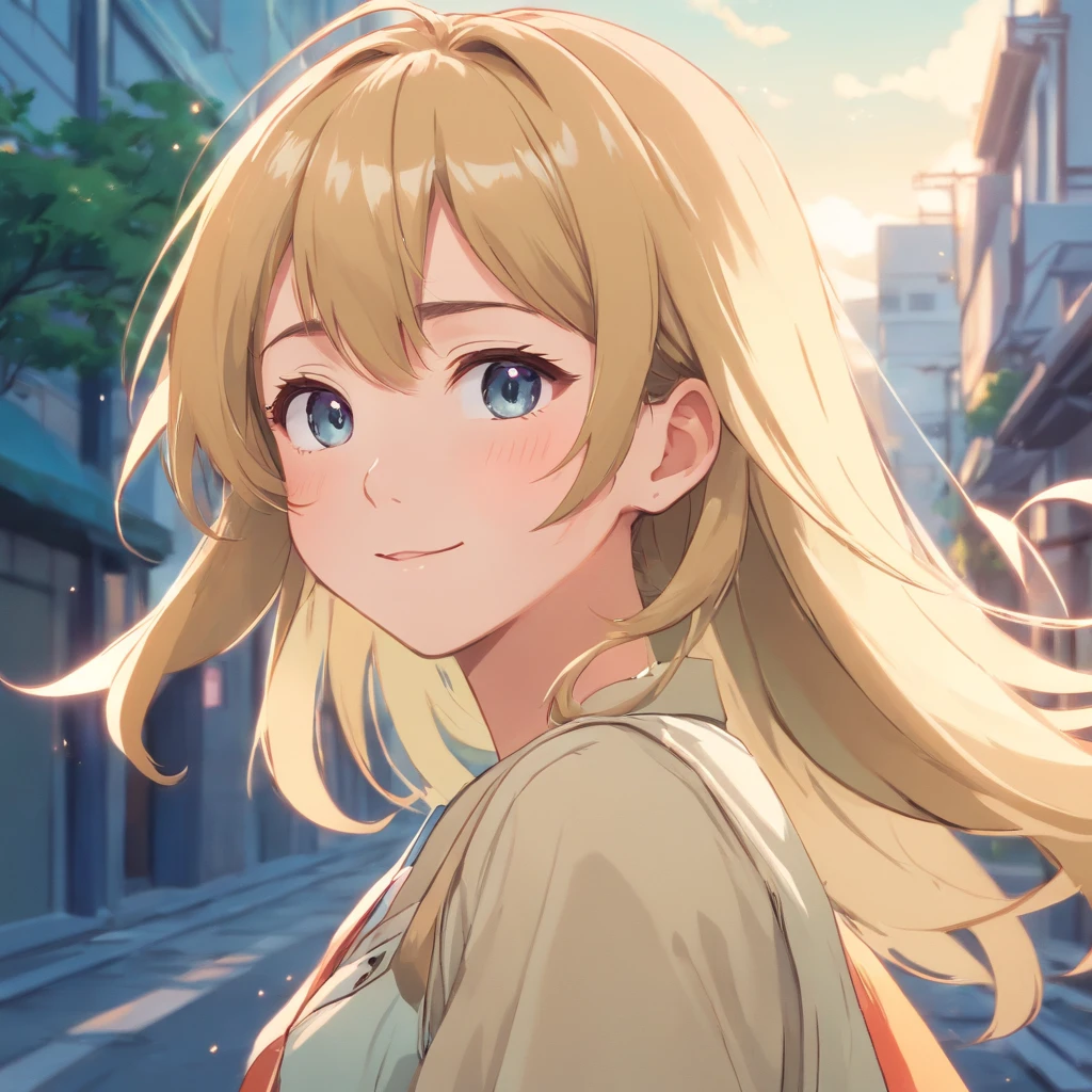 an extremely delicate and beautiful girl, Retro art style, 1990s, Fake Traditional Media, gaming_BAPV, Front view, focus on eyes, heads_tilt, Beautiful details telegraph, girl,girls,femele, young,20 years old, middle way hair, Wavy hair, Howling bangs, Eyes through hair, Blonde hair, Long hair fluttering in the wind, Delicate and delicate face, light grin smile, bright-eyed, parted_lip, exteriors, exteriors, gradation_Background with, hazy_Background with, wall paper, absurderes, very fine 8K CG wallpaper,