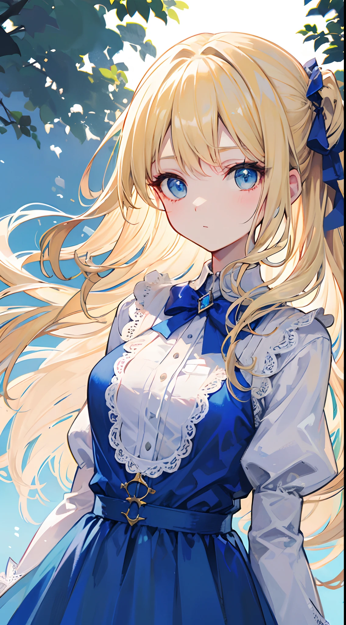 Long blonde hair,eBlue eyes,Light blue dress,Blue bow,outside,Soft light and shadow,A high resolution,high qulity