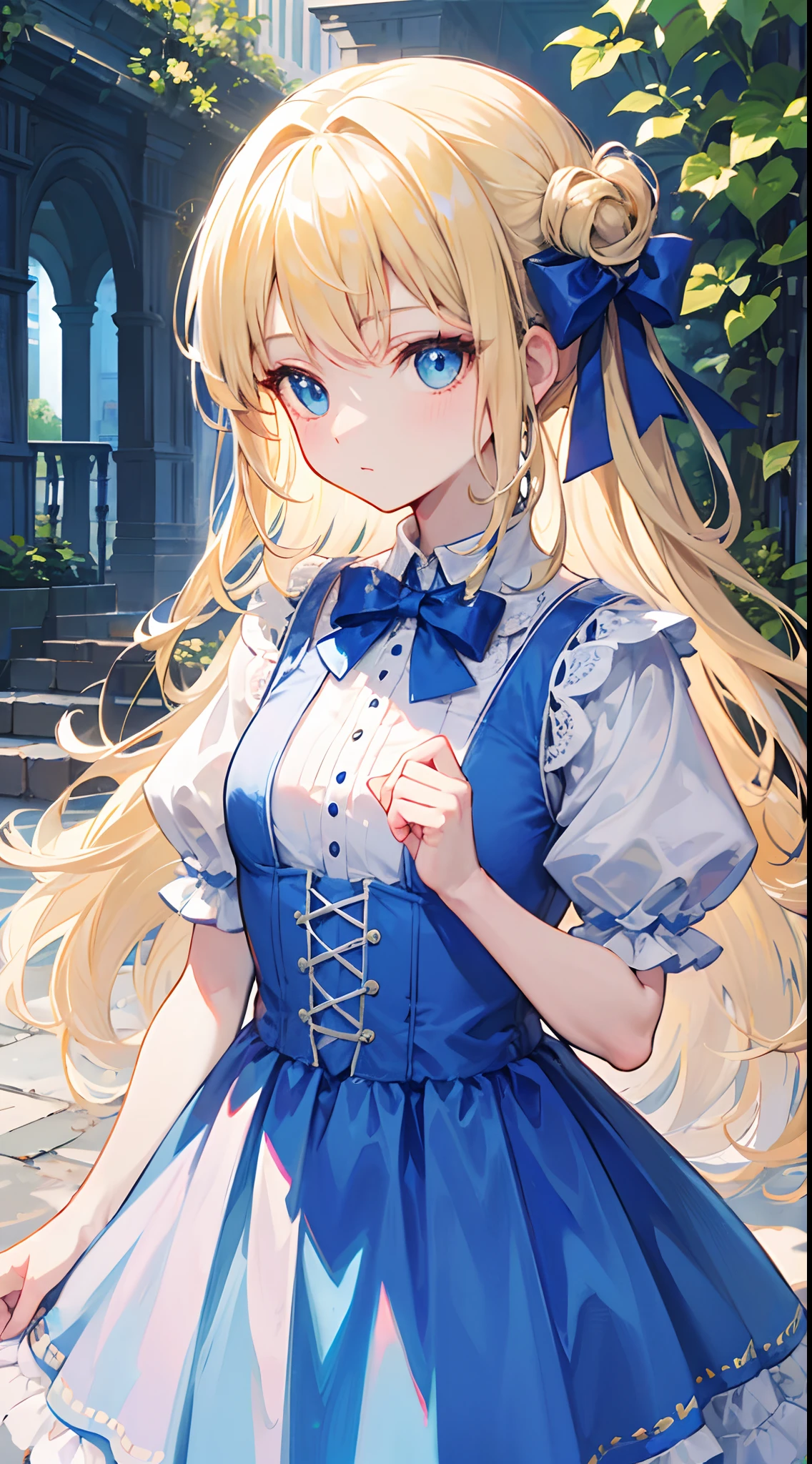 (masterpiece, best quality:1.2), cowboy shot, solo, 1girl, marianne von edmund, smile, looking at viewer, blue dress, capelet,(((petite girl with blonde twin tails))),