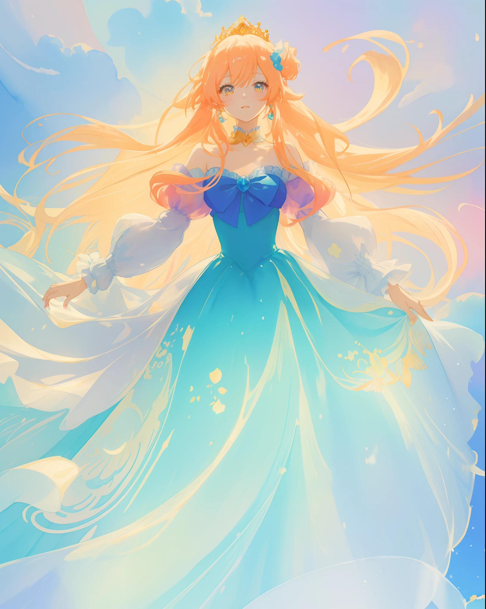 beautiful anime girl in gradient blue princess ballgown with puffy long sleeves, long flowing gold peach hair, liquid theme, vibrant pastel colors, colorful fantasia background, watercolor illustration, disney art style, beautiful digital illustration, beautiful, masterpiece, best quality, anime disney style, beautiful face