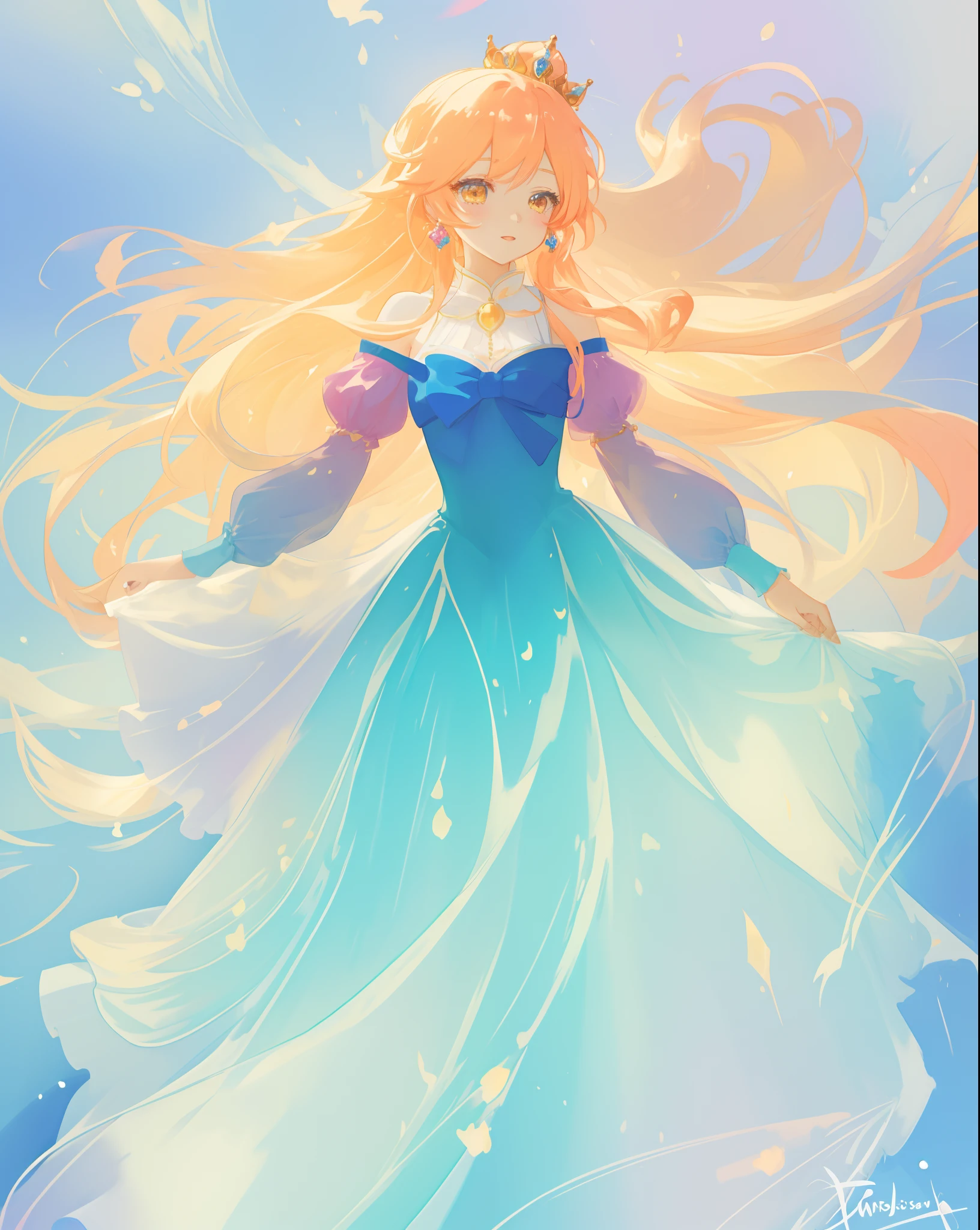 beautiful anime girl in gradient blue princess ballgown with puffy long sleeves, long flowing gold peach hair, liquid theme, vibrant pastel colors, colorful fantasia background, watercolor illustration, disney art style, beautiful digital illustration, beautiful, masterpiece, best quality, anime disney style, beautiful face