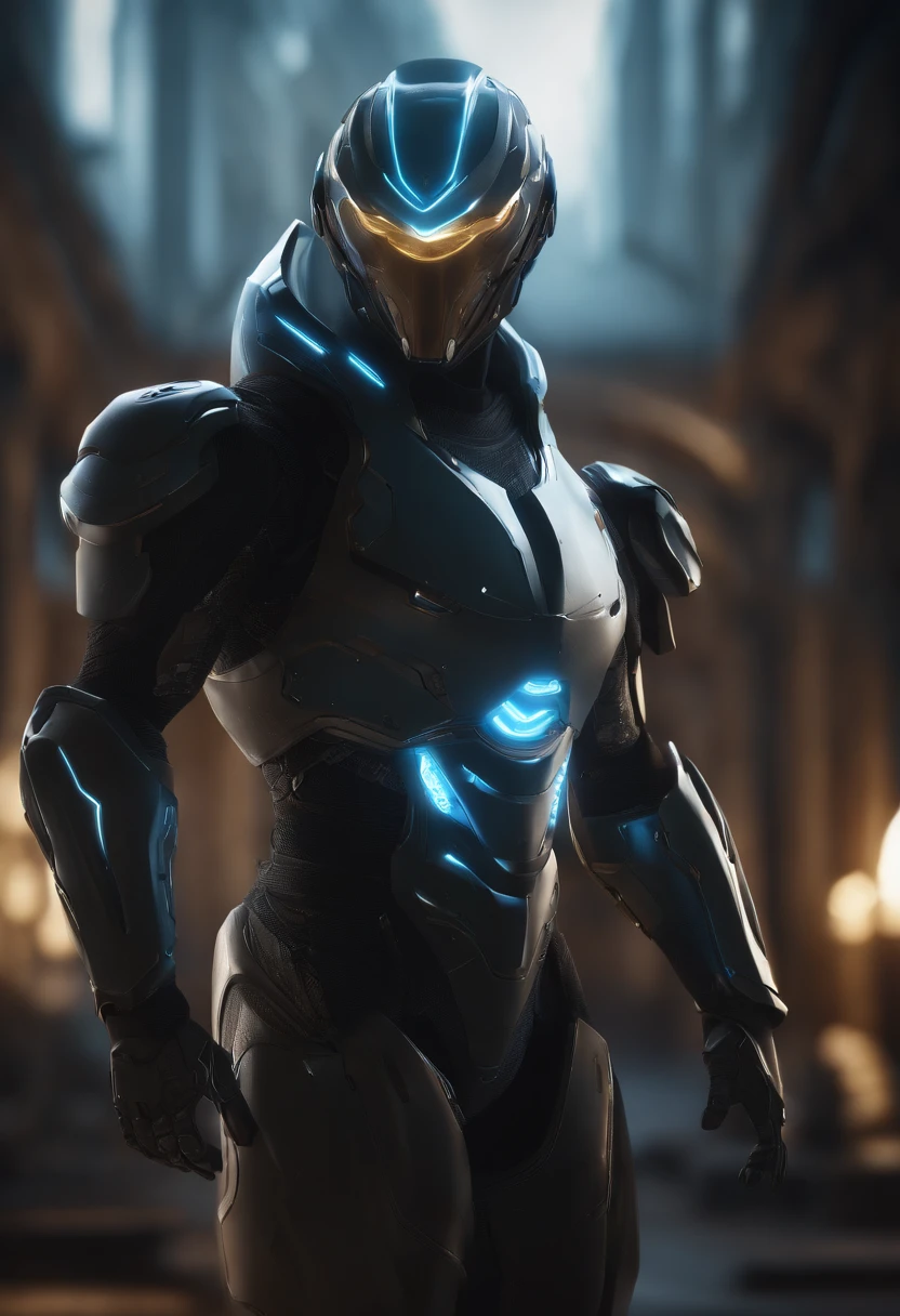 (master part:1.2), best quality, high resolution, Unity 8k papel de parede, (illustration:1.0), lindo detalhado, extremamente detalhado, perfect lighting, CG extremamente detalhado,olhos brilhantes,Backlighting, ,  armadura, falsificar_Chifres, brilhante, cheio_armadura,Warframe,Humanoid_Robot,Chifres,capacete,WMASK,Amostra_Background Story,arma, monstro, azul_armadura,, Looking at the Viewer,sozinho,perspectiva,