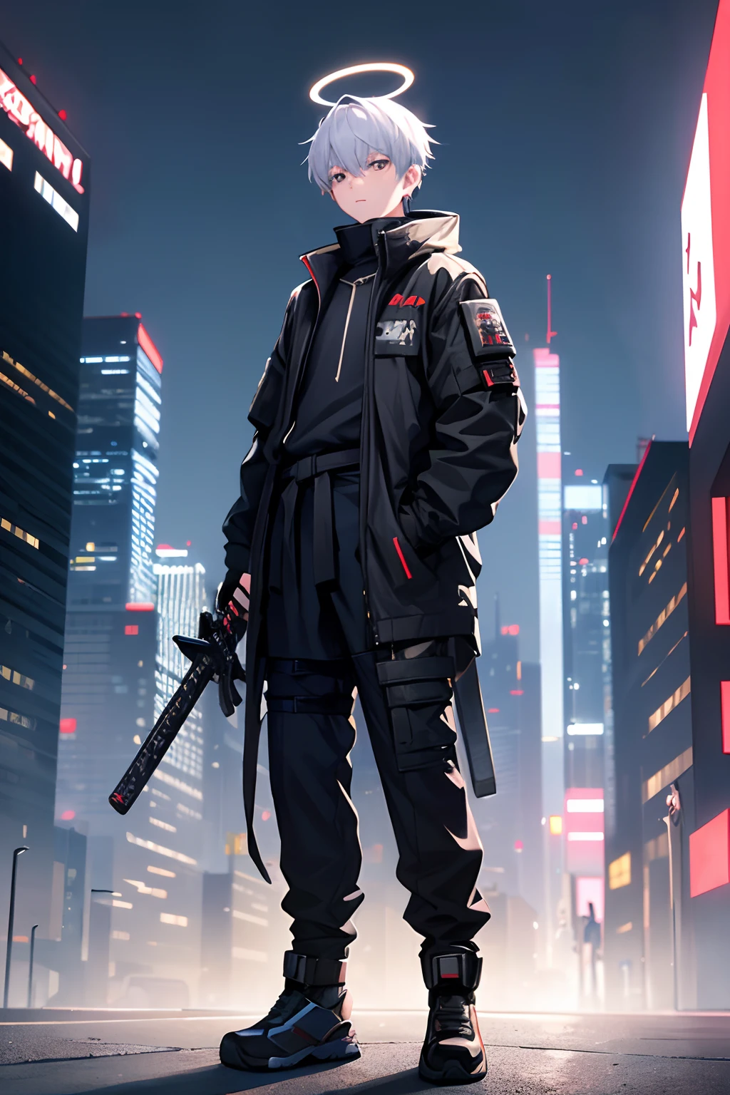  boy, Full body, head to foot, back to camera, wearing high-tech cyberpunk clothes, white halo above his head, sheathed katana at the back of his waist, hands in pocket, high detail, city background, 8k, 4k, top quality, high quality, very detailed, white colored hair