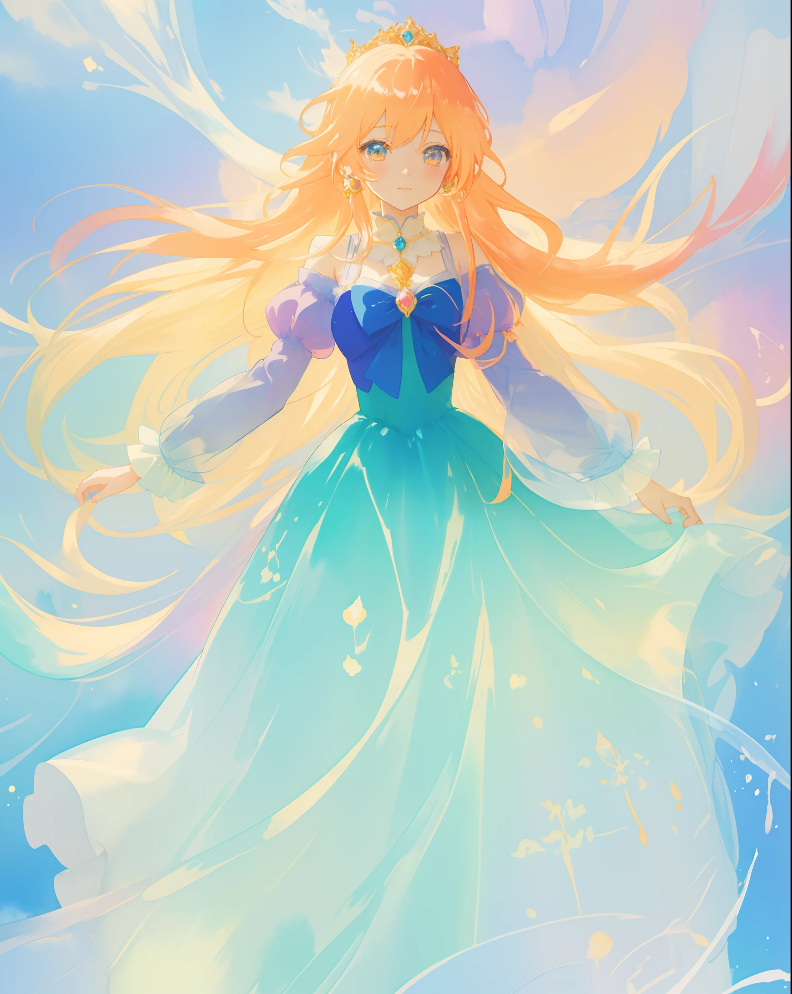beautiful girl in a gradient blue princess ballgown with puffy long sleeves, long flowing gold peach hair, liquid theme, colorful fantasia background, watercolor illustration, disney art style, beautiful digital illustration, beautiful, masterpiece, best quality, anime disney style, beautiful face