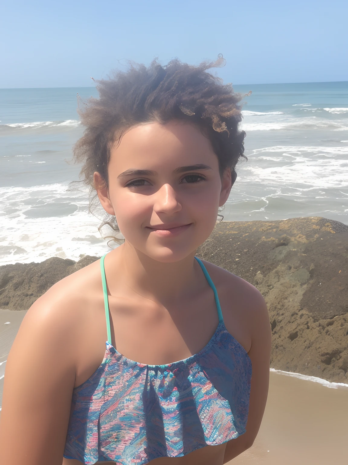 There is a young woman standing on a beach with the ocean in the background, no mar, Anos Imane, em uma praia, na praia, standing near the beach, ela tem cerca de 11 anos de idade, perto da praia, foto da menina, na praia, standing at the beach, near the sea, imagem retrato, on seashore