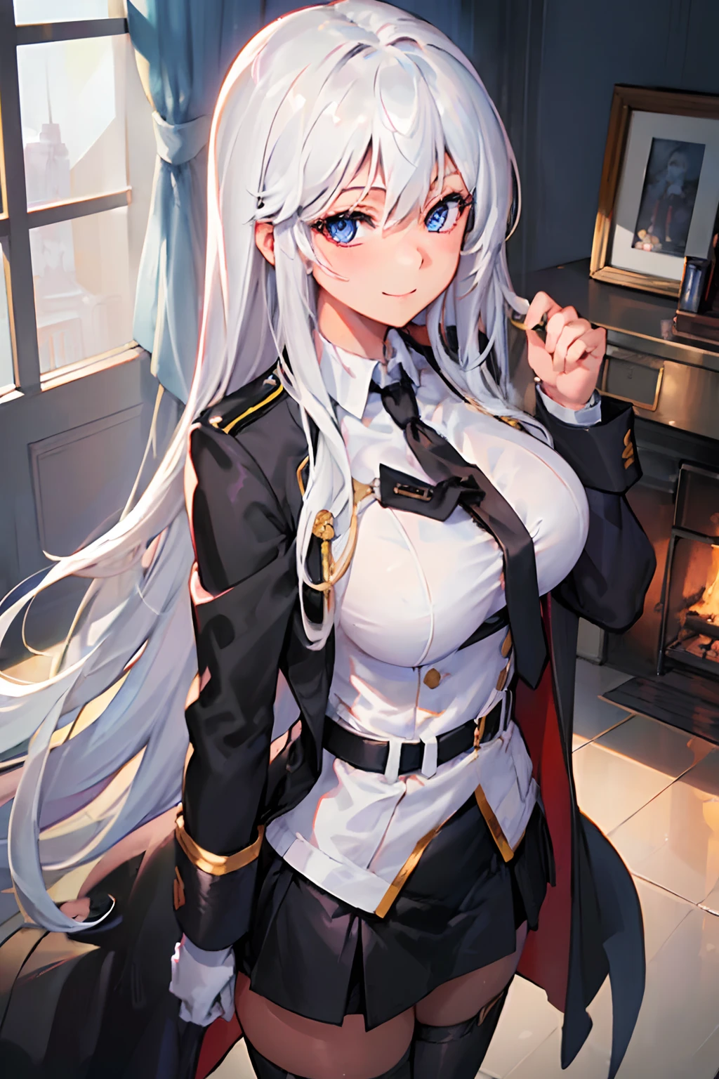 (((Best quality, 1girl,))) white hair, uniform, black coat, large breasts, looking at viewer, warm smile, blue eyes, long hair, military uniform, indoors, close up, black necktie