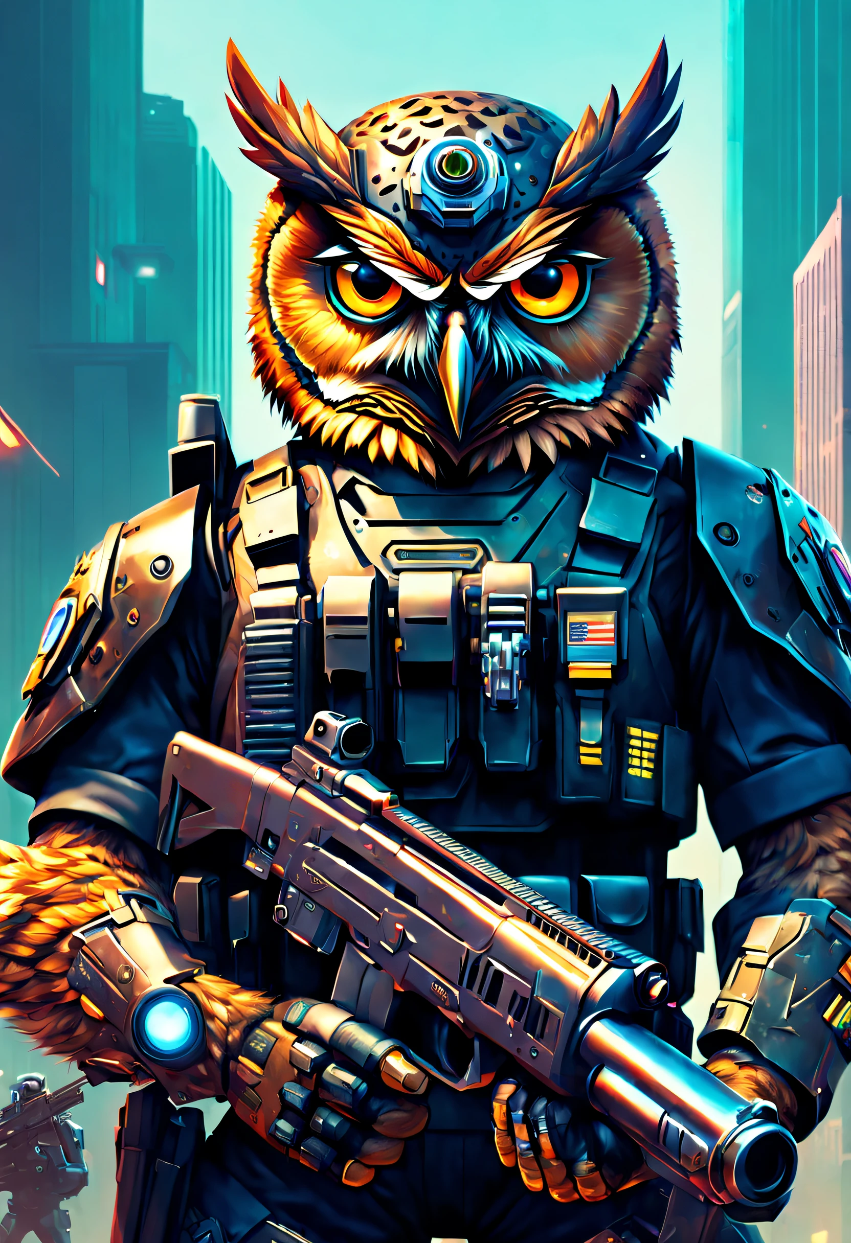 In a lovely way, Grumpy, Angry owl in FBI commando uniform, Holding a gun， Infuse it with a captivating cyborg and cyberpunk twist