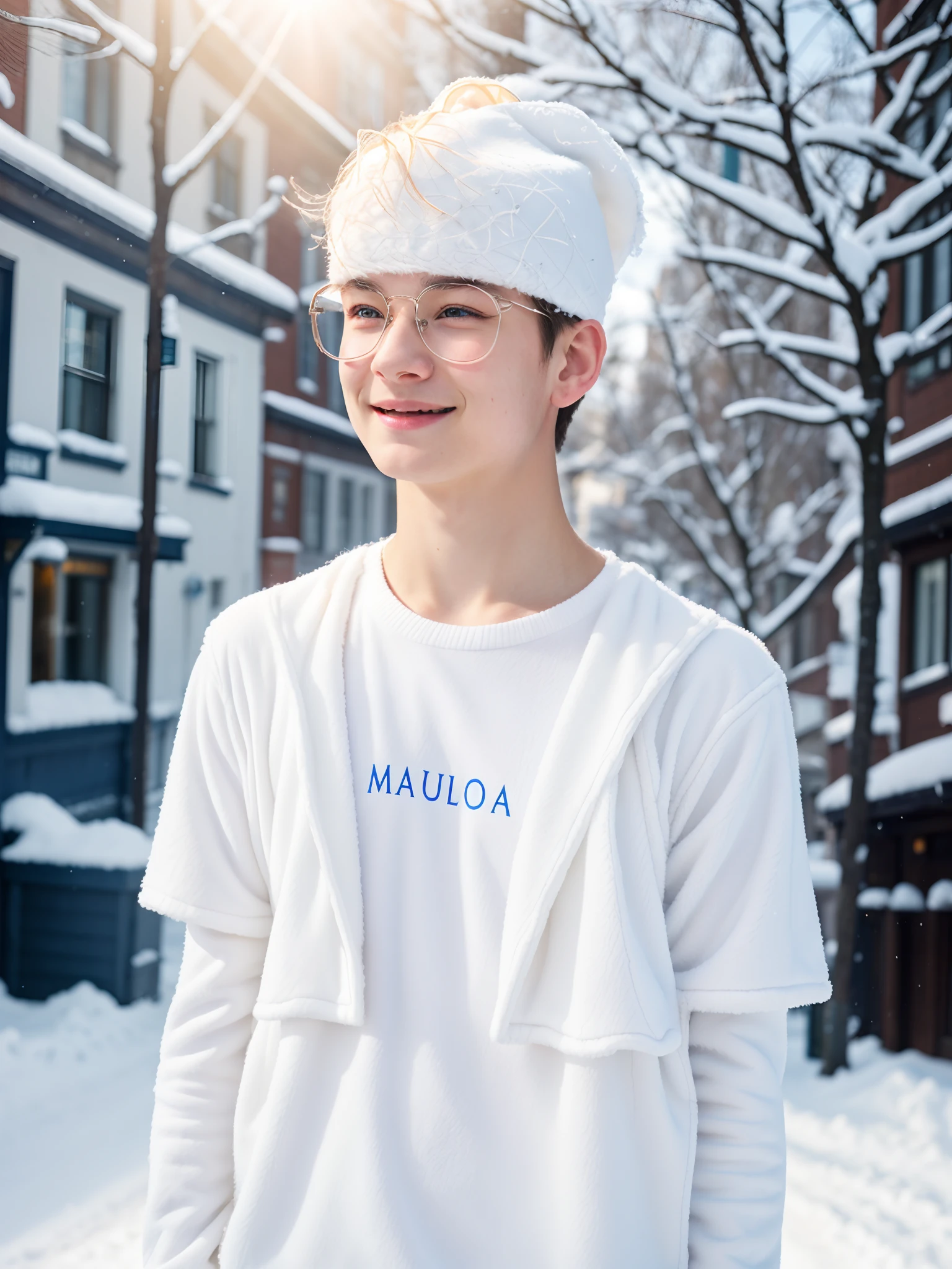 FRW, Very detailed CG Unity 8k wallpaper, a cute 15-year-old cute boy, a hunsome boy a wonderful goddess, hot maiden, , blue eyes, pale skin (a masterpiece, beautiful person, well detailed face polluted smile, photorealistic, hyperrealistic), white cold clothes, fuzzy white cap, white blouse, wearing white gloves, rubbing hands warming up in a snowy street (blue open sky),  and smiling (light lighting).