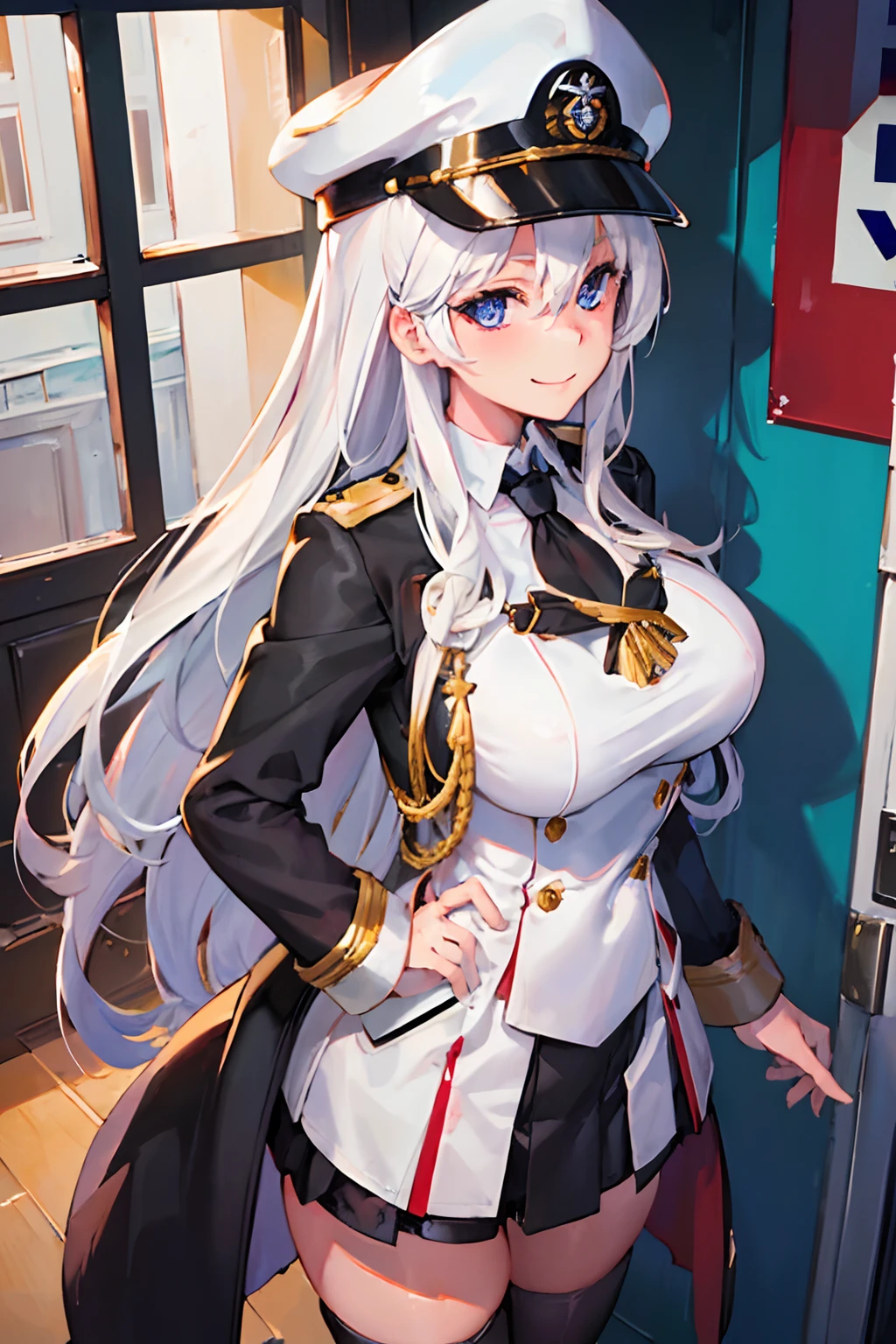 (((Best quality, 1girl,))) white hair, uniform, black coat, large breasts, looking at viewer, warm smile, blue eyes, long hair, military uniform, indoors, standing