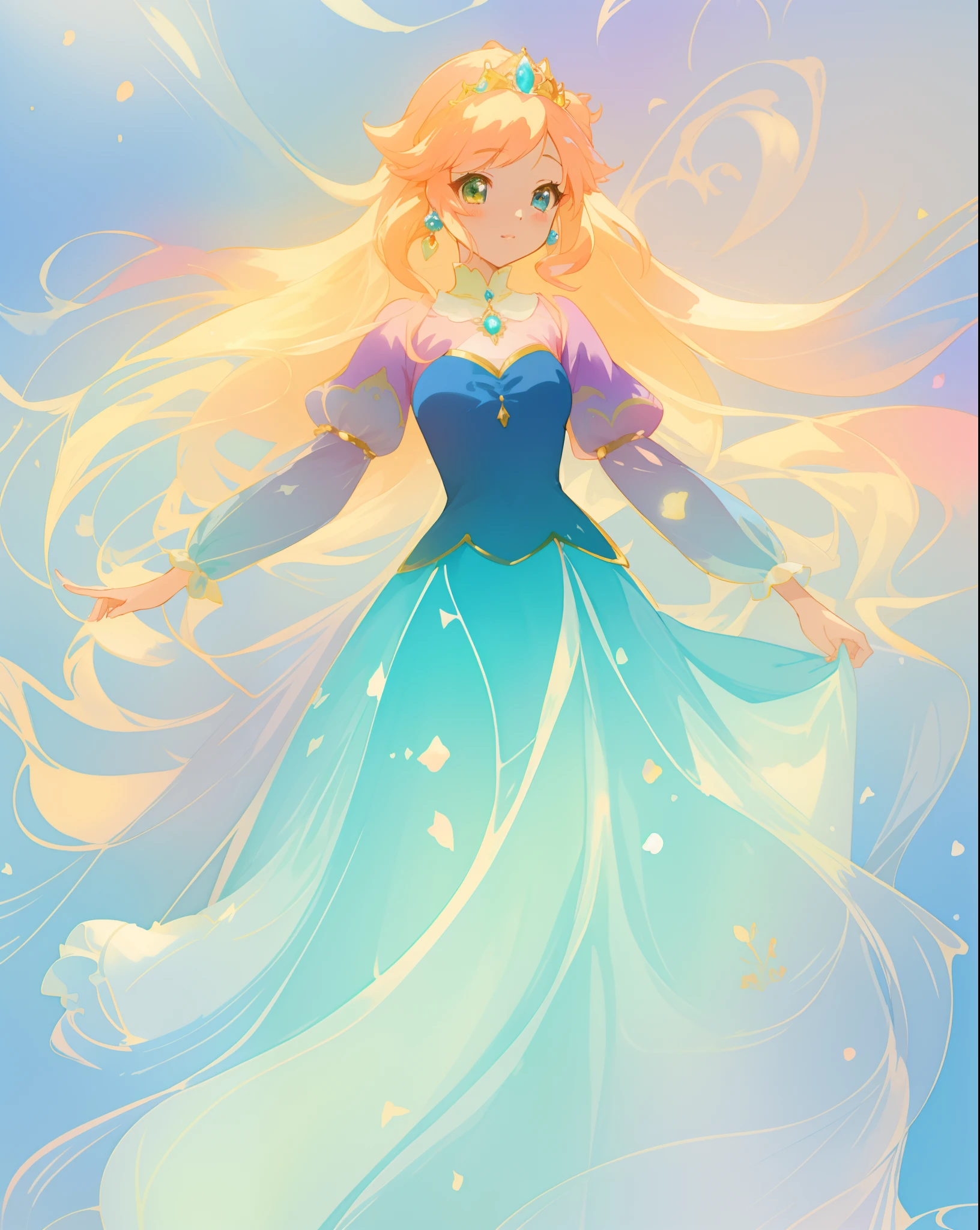 beautiful anime girl in gradient blue princess ballgown with puffy long sleeves, long flowing gold peach hair, liquid theme, vibrant pastel colors, colorful fantasia background, watercolor illustration, disney art style, beautiful digital illustration, beautiful, masterpiece, best quality, anime disney style, beautiful face