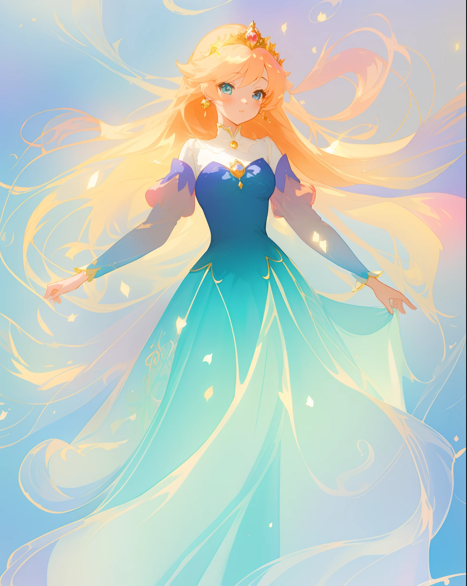 beautiful anime girl in gradient blue princess ballgown with puffy long sleeves, long flowing gold peach hair, liquid theme, vibrant pastel colors, colorful fantasia background, watercolor illustration, disney art style, beautiful digital illustration, beautiful, masterpiece, best quality, anime disney style, beautiful face