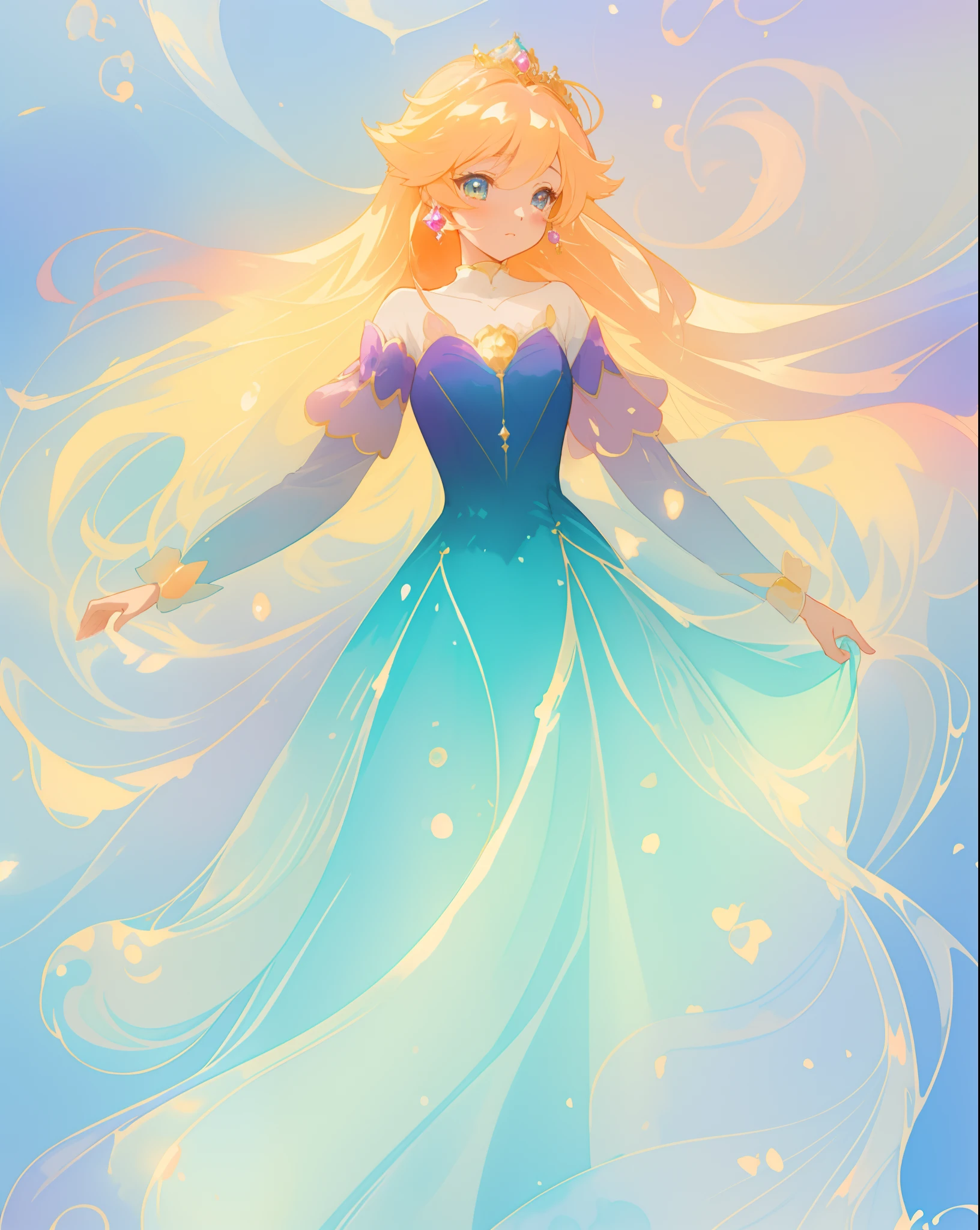 beautiful anime girl in gradient blue princess ballgown with puffy long sleeves, long flowing gold peach hair, liquid theme, vibrant pastel colors, colorful fantasia background, watercolor illustration, disney art style, beautiful digital illustration, beautiful, masterpiece, best quality, anime disney style, beautiful face