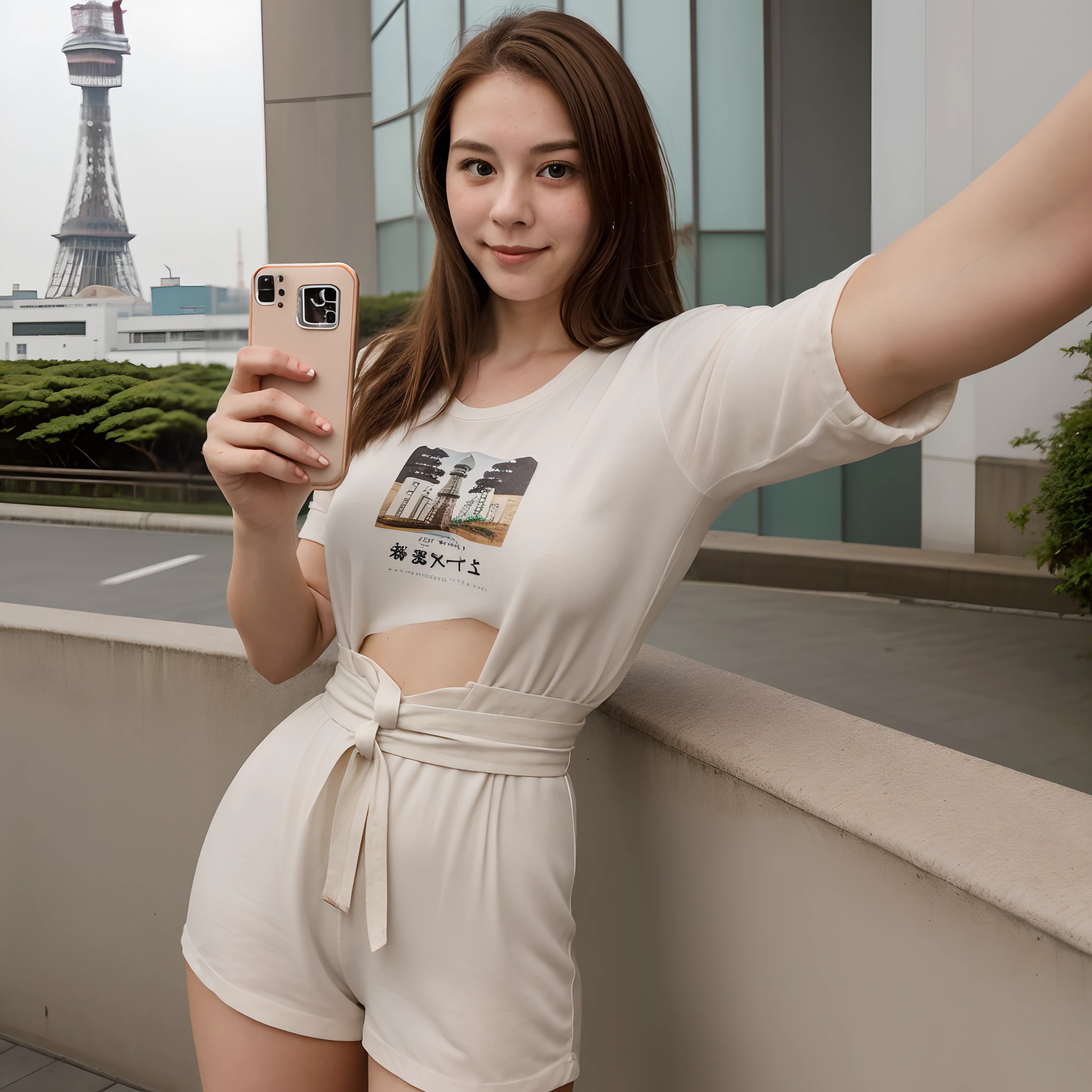 25 year old woman with waist-length brown hair, Eyes, Coffee & White Teas, usando una camisa blanca, taking a selfie next to Tokyo Tower in Japan