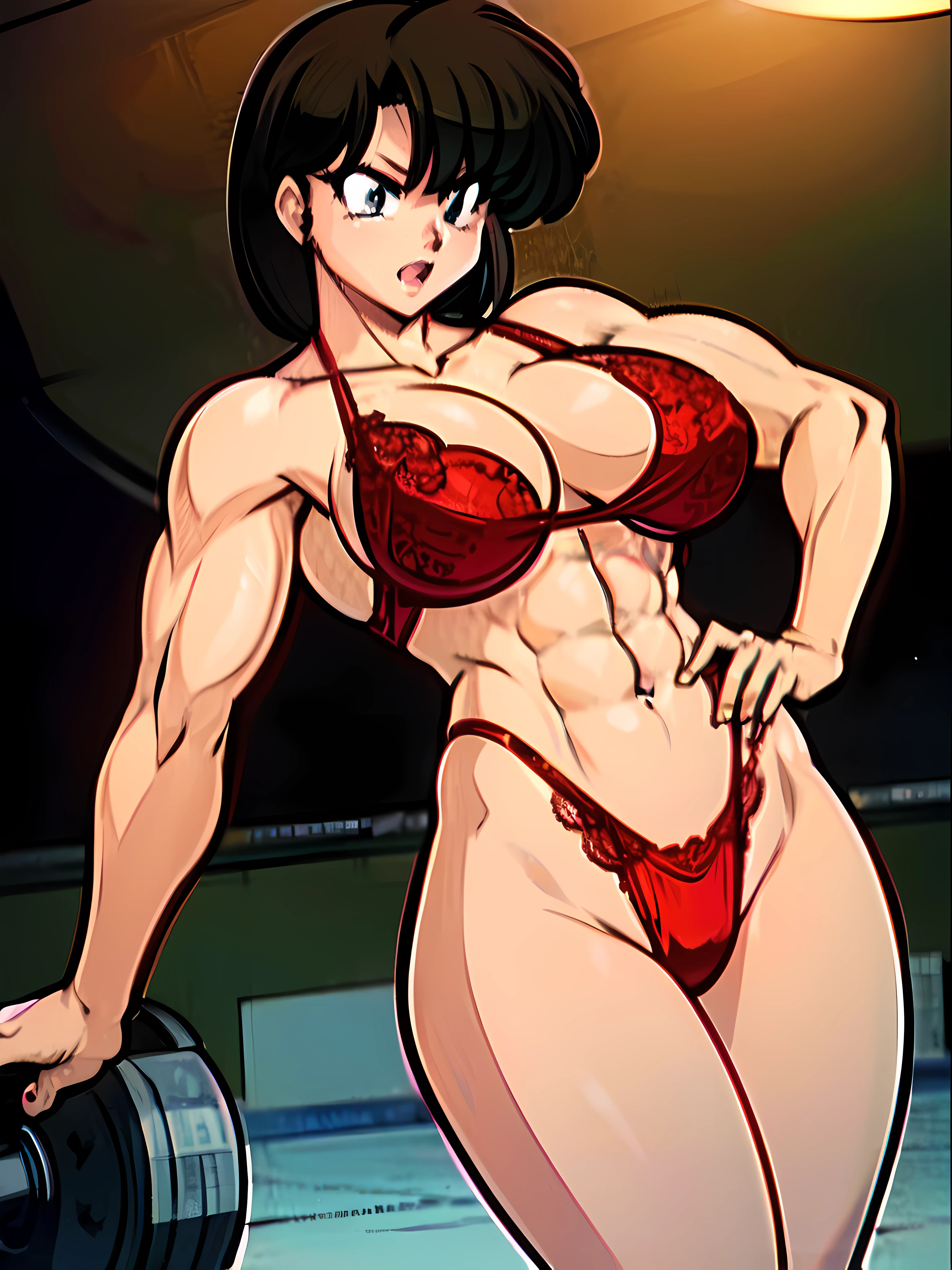 sexy girl with powerful muscles posing,red lace thong, long legged, sharp contours, dark eyes, strong, gym, enraged,angry