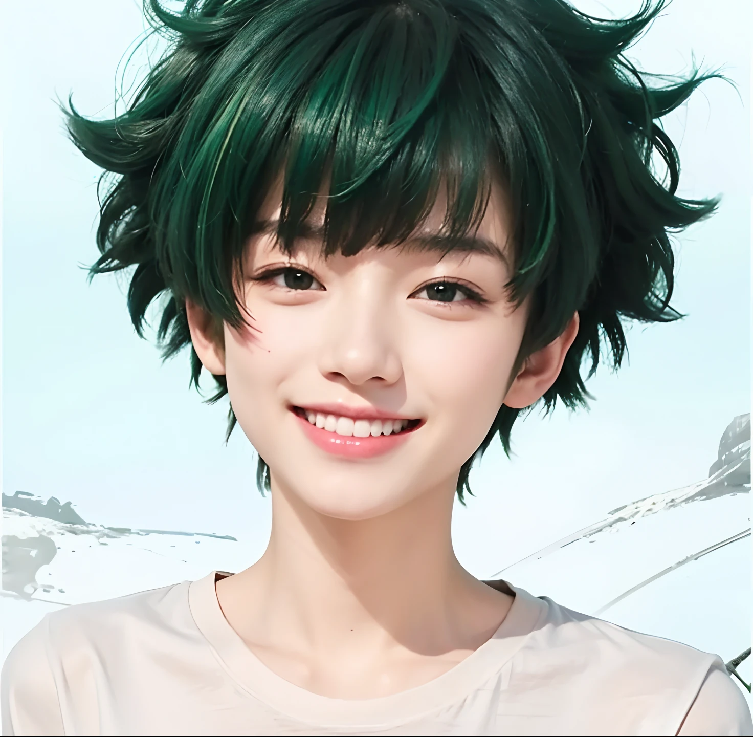 A age boy with realistic green hair, exactly the same hairstyle, realistic Korean handsome face, realistic smiling expression,Very sweet realistic smile,Realistic white t-shirt, realistic light, realistic shadows,Realistic background
