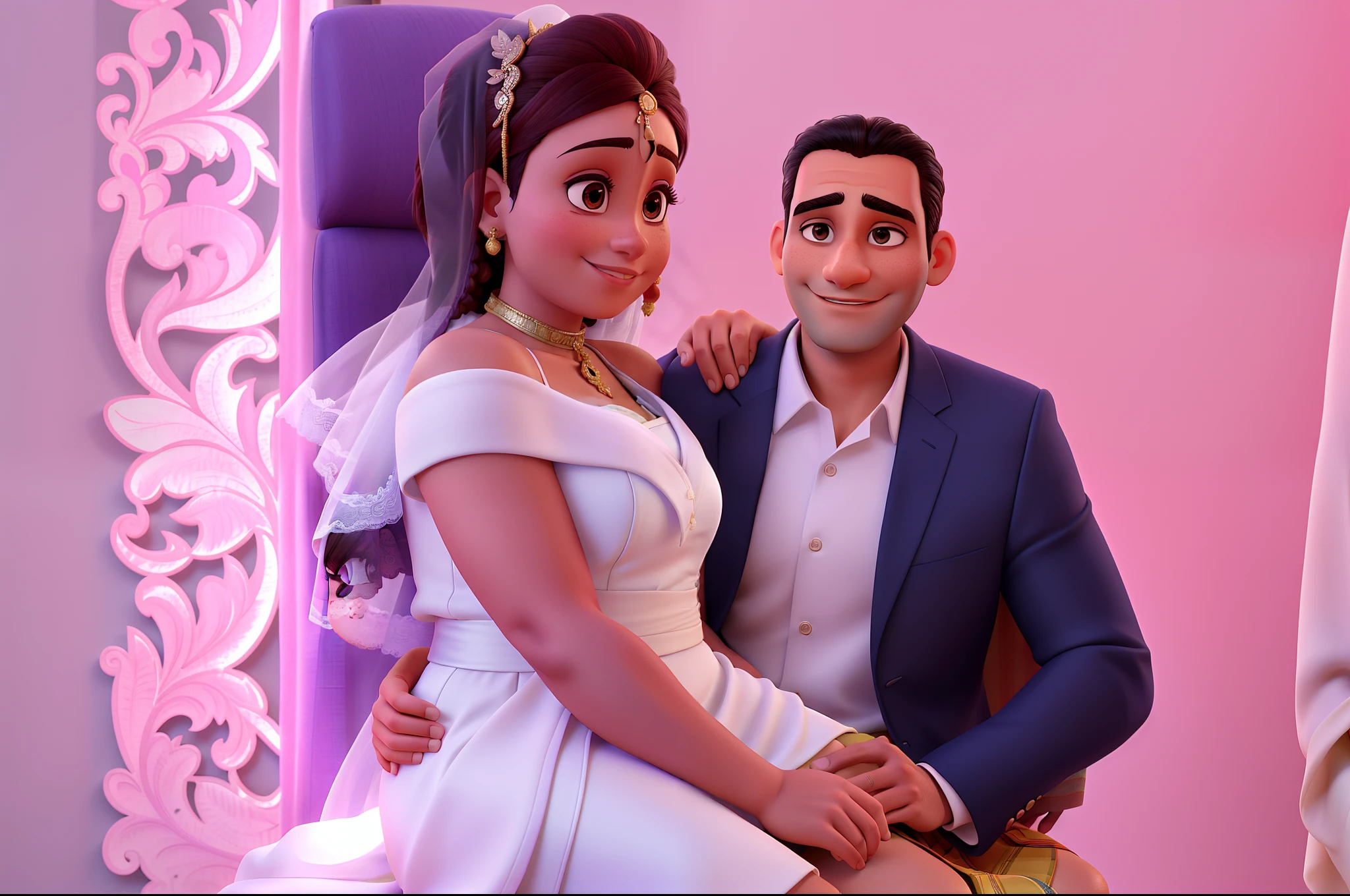 Uma mulher com pele parda, and a man wearing wedding clothes with panel background looking at camera, She's sitting on the man's lap