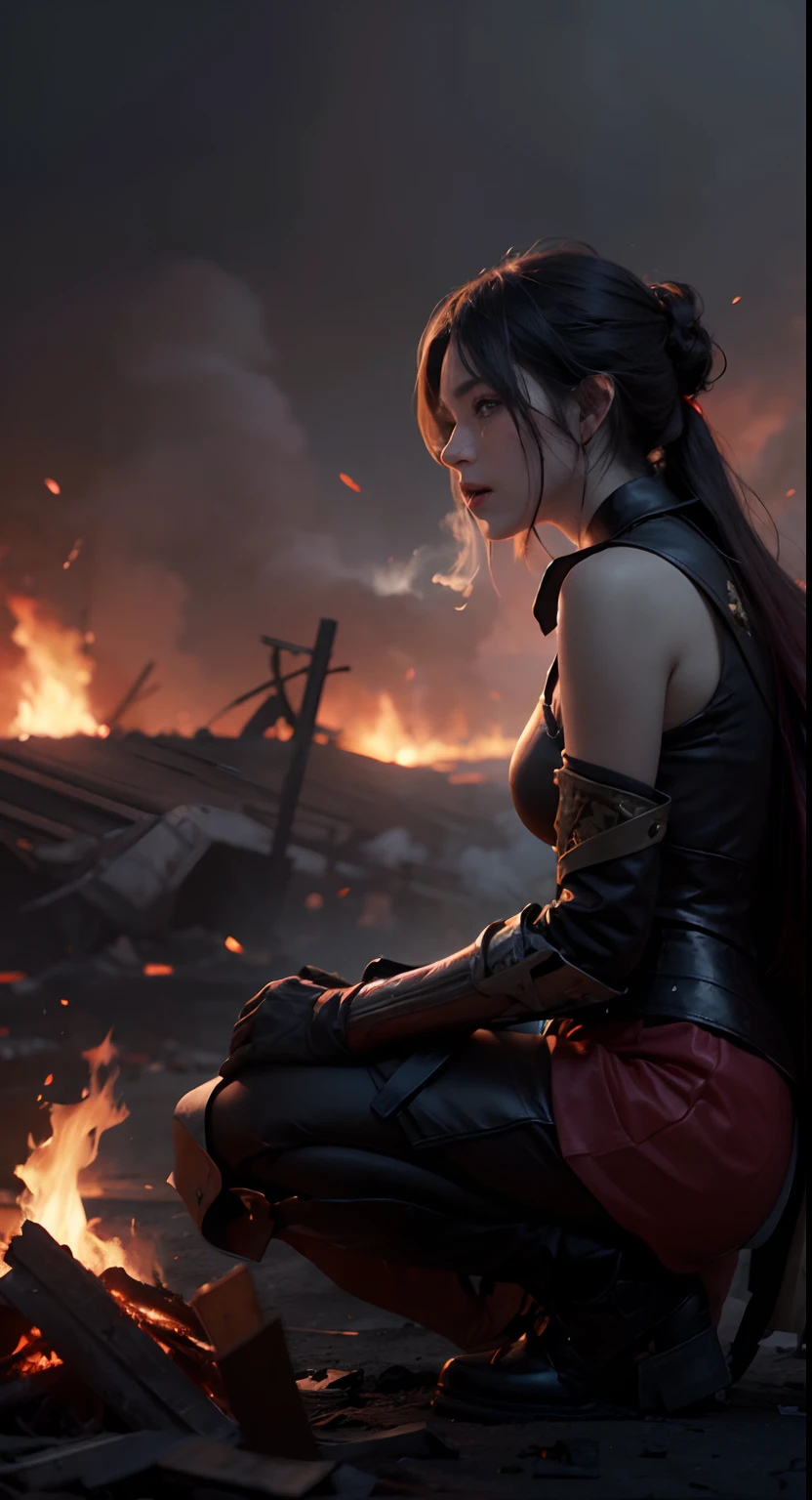 A female warrior knelt on the ground,Sadness on the face, The scene of the war, There was fire and smoke everywhere, The corpses of fighters were scattered everywhere, smoke bombs, Tears, Red sad sky, Background dark red, despairing, Cinematic art effects, 8K rendered by AMD FidelityFX Super Resolution 3.