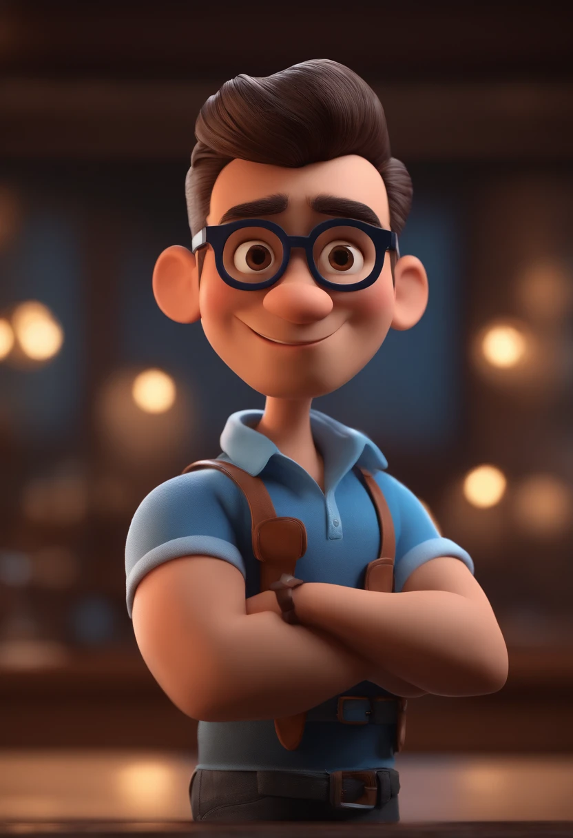 Cartoon character of a man with black glasses and a blue shirt, animation character, Caractere estilizado, animation style rendering, 3D estilizado, Arnold Maya render, 3 d render stylized, toon render keyshot, Personagem 3D, Personagem 3D, 3d rendering stylized, 3 d character render, personagem de desenho animado, Personagem de close up, Pose de personagem, (Estilo Pixar) (master part:1.2) (Bokeh) (best quality) (pele detalhada) (textura detalhada) (8k) (argila) (Cinematic lighting) (foco nítido