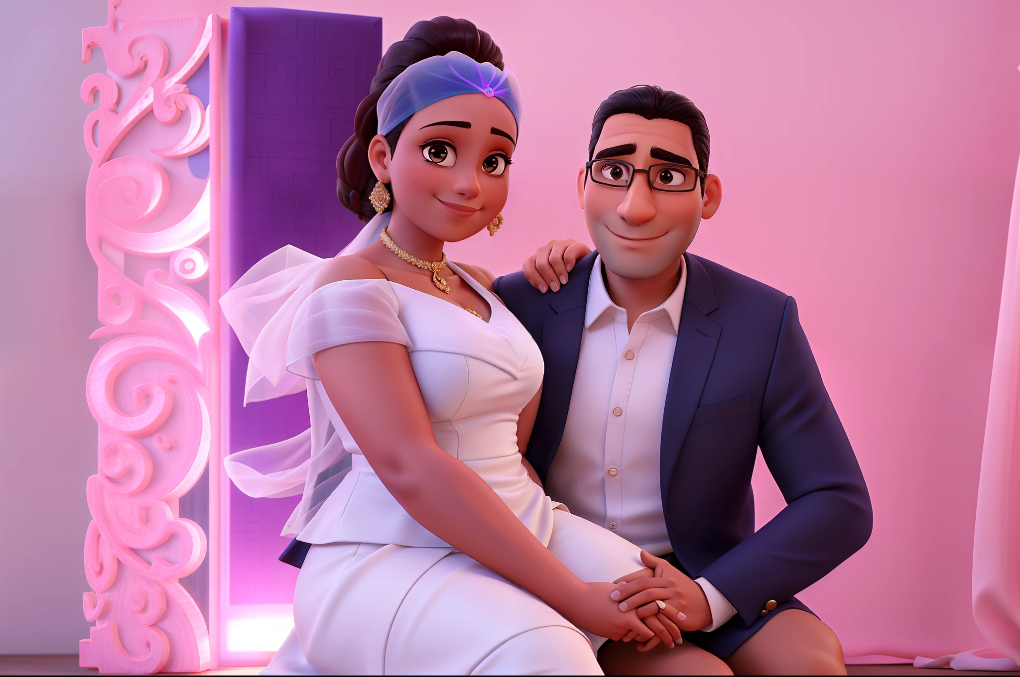 Uma mulher com pele parda,  and a man wearing wedding clothes with panel background looking at camera, She's sitting on the man's lap