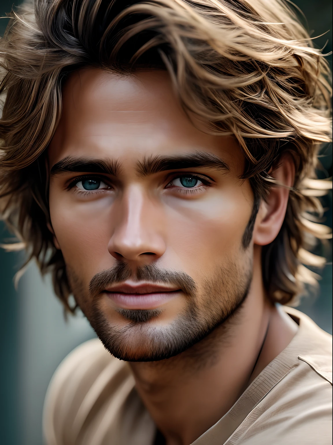 Photorealistic of a insanely handsome man with light brown messy hair, honey eyes, in the style of panasonic lumix s pro 50mm f/1.4, light beige and dark azure, celebrity images mashups, soft realism, barbiecore, unreal engine 5, 32k uhd, luminous quality, Brazilian realism, niji 5