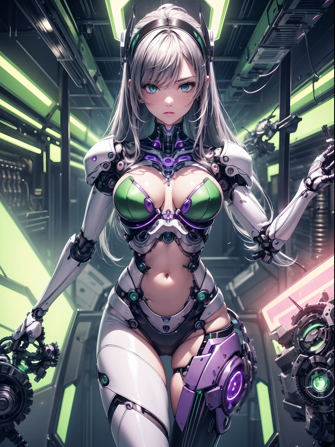 absurderes,(masterpiece、top-quality、8K ),intricate detailes,ultra-detailliert、1 Beautiful, And a woman of perfect proportions,(Machine Girl 1.3),purple long hair,cleavage,Navel,Stomach,(Mechanical body,mechanical arms :1.4),(green and silver body:1.3),neon light parts,glowing neon light,Mechanical headgear ,(Cyberpunk ),Hyper realistic,Perfect Anatomy