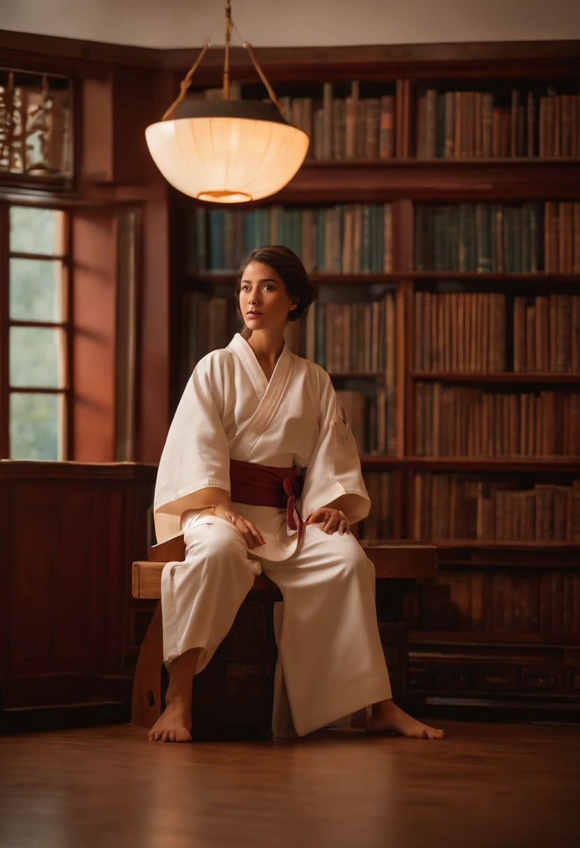Garotinha com cabelos castanhos e lisos, Slanted eyes with background of a room with books and telescope dressed in Karate Kimono.