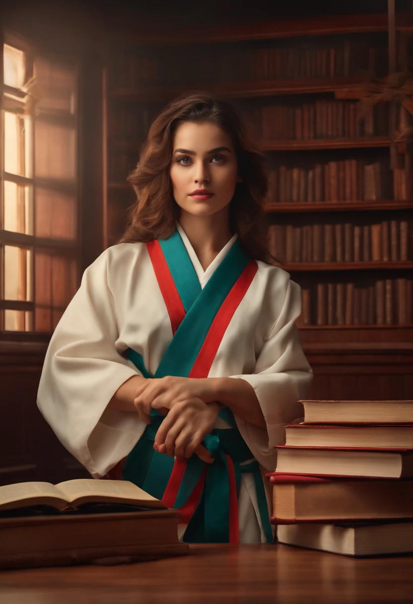 Garotinha com cabelos castanhos e lisos, Slanted eyes with background of a room with books and telescope dressed in Karate Kimono.