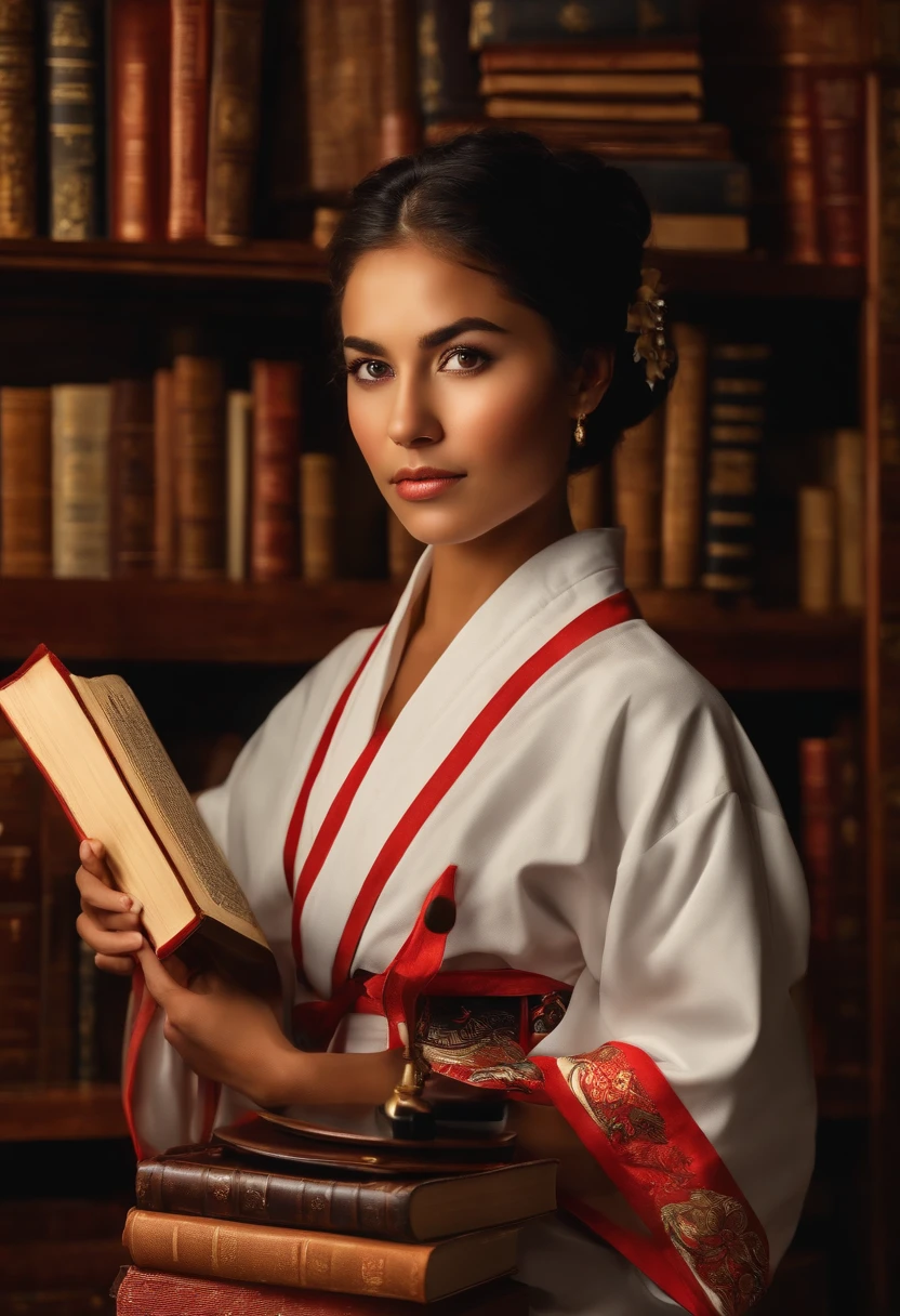 Garotinha com cabelos castanhos e lisos, Slanted eyes with background of a room with books and telescope dressed in Karate Kimono.