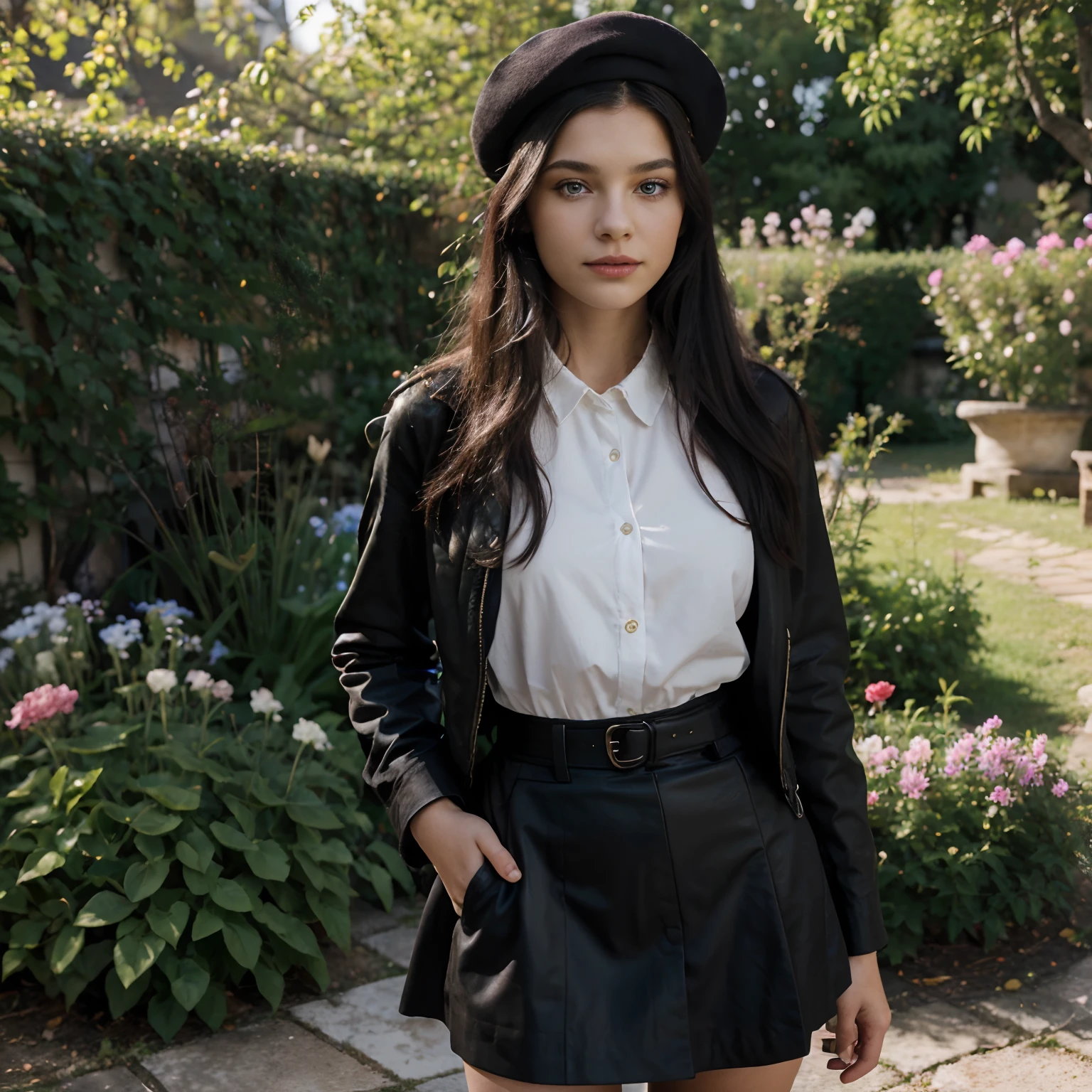 (best quality,4k,highres),realistic portrait of an 18-year-old French girl, environmental activist, with long black hair, vibrant blue eyes, and cherry red lips. She is wearing a pair of feminine boots, a black french skirt, a white shirt topped with a black jacket, and a black French beret. The photograph captures her standing confidently in a garden with blooming flowers. The sunlight casts a warm glow on her face, showcasing the intricate details of her eyes and facial features. The overall color palette of the image is vibrant, with a touch of vintage charm.