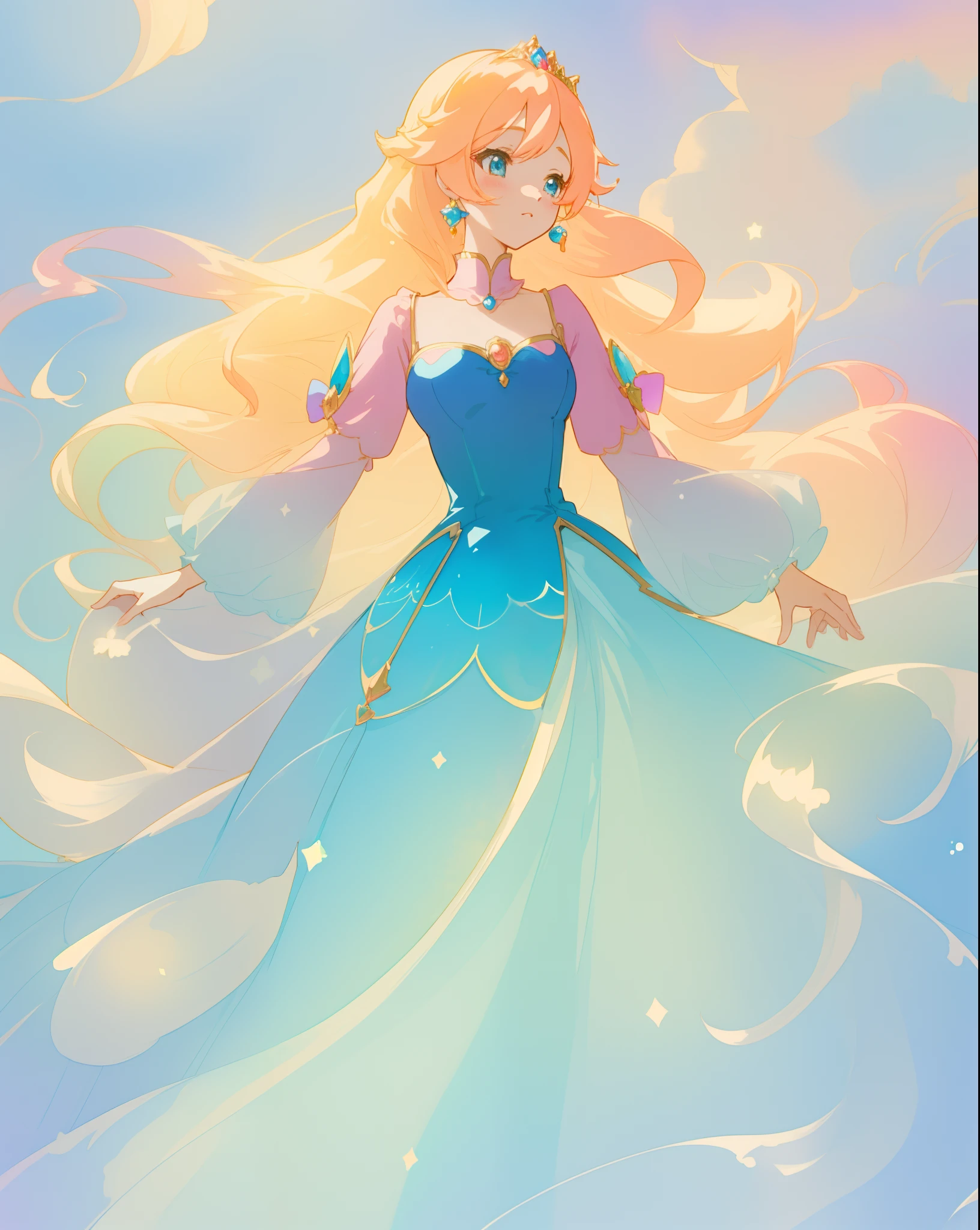 beautiful anime girl in gradient blue princess ballgown with puffy long sleeves, long flowing gold peach hair, liquid theme, vibrant pastel colors, colorful fantasia background, watercolor illustration, disney art style, beautiful digital illustration, beautiful, masterpiece, best quality, anime disney style, beautiful face