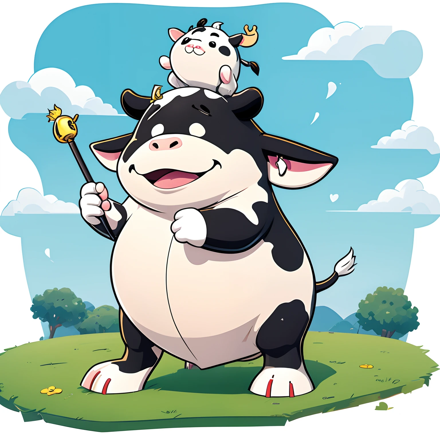 A lovely cow(Anthropomorphic image,Stand up),cartoonish style,2D,Cartoon drawing,stickfigure。(with a pure white background,Art splashes,k hd,Stroke the)
