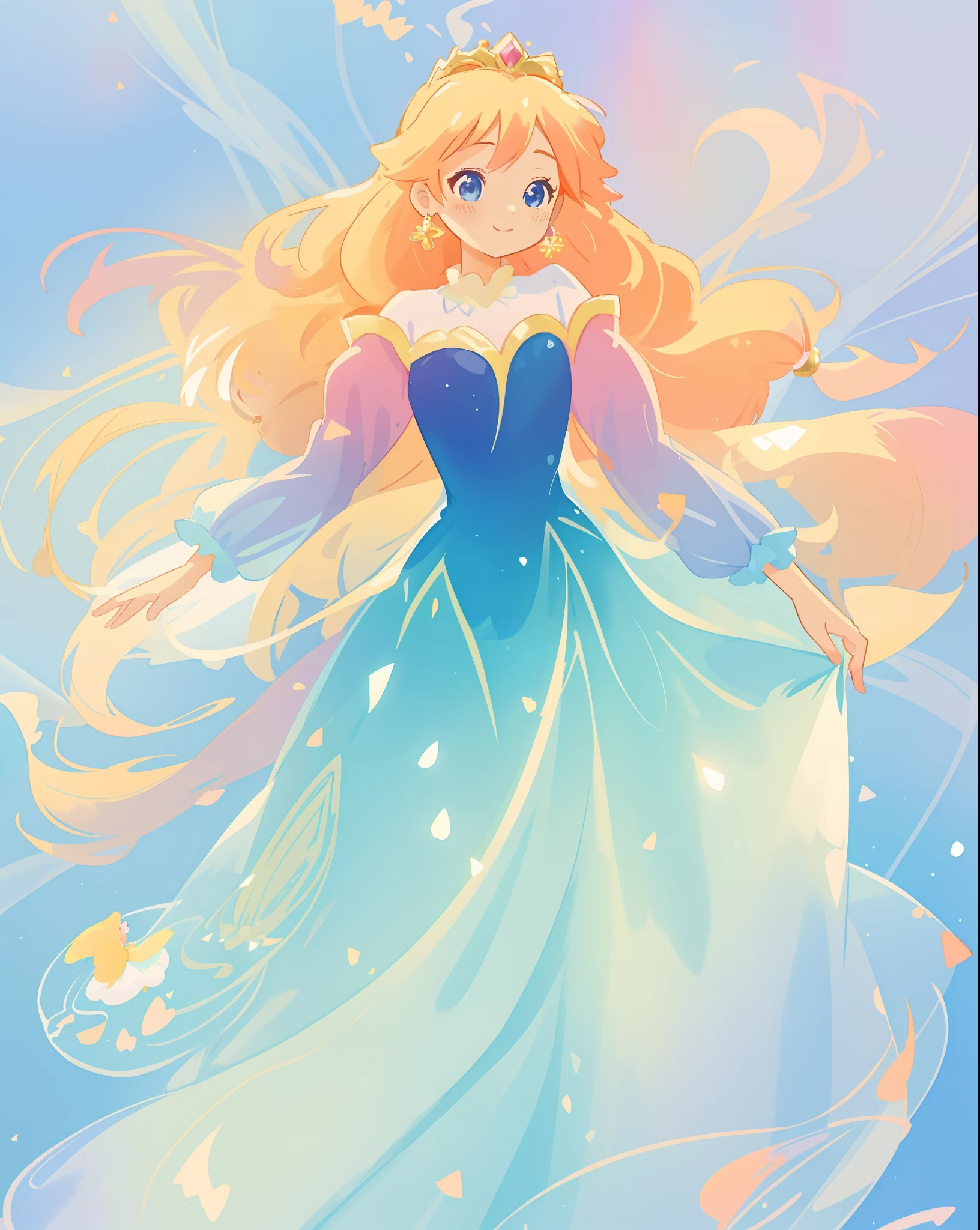 beautiful girl in gradient blue princess ballgown with puffy long sleeves, long flowing gold peach hair, liquid theme, colorful fantasia background, watercolor illustration, disney art style, beautiful digital illustration, beautiful, masterpiece, best quality, anime disney style, beautiful face