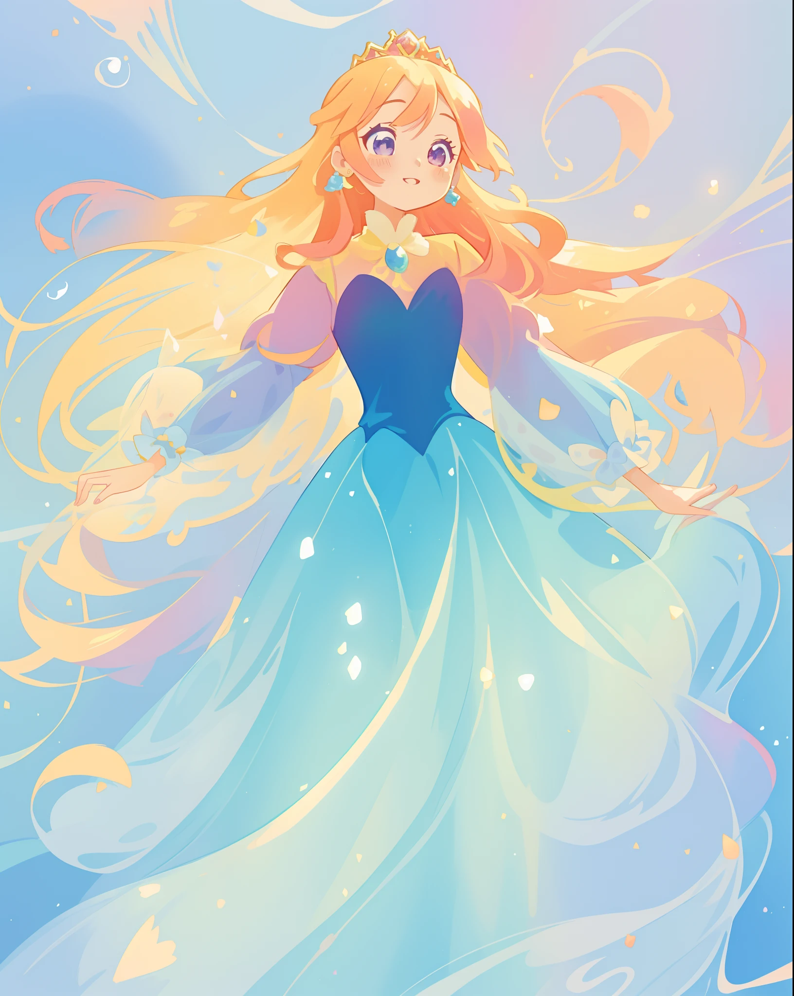 beautiful girl in gradient blue princess ballgown with puffy long sleeves, long flowing gold peach hair, liquid theme, colorful fantasia background, watercolor illustration, disney art style, beautiful digital illustration, beautiful, masterpiece, best quality, anime disney style, beautiful face
