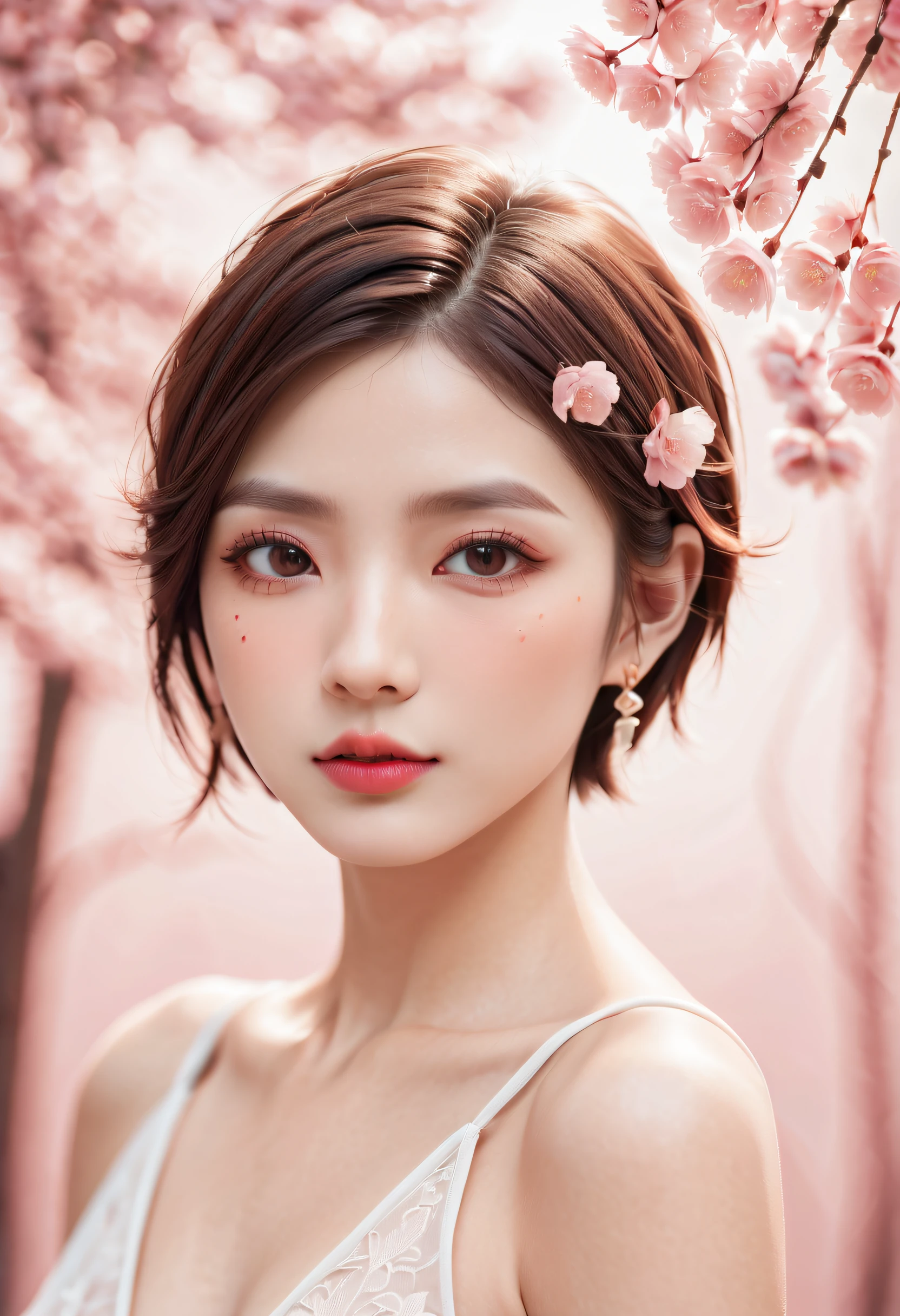 beautiful japanese young woman, thick symmetrical features, very short hair, background is cherry blossoms, pink aura, red lips, octane render,