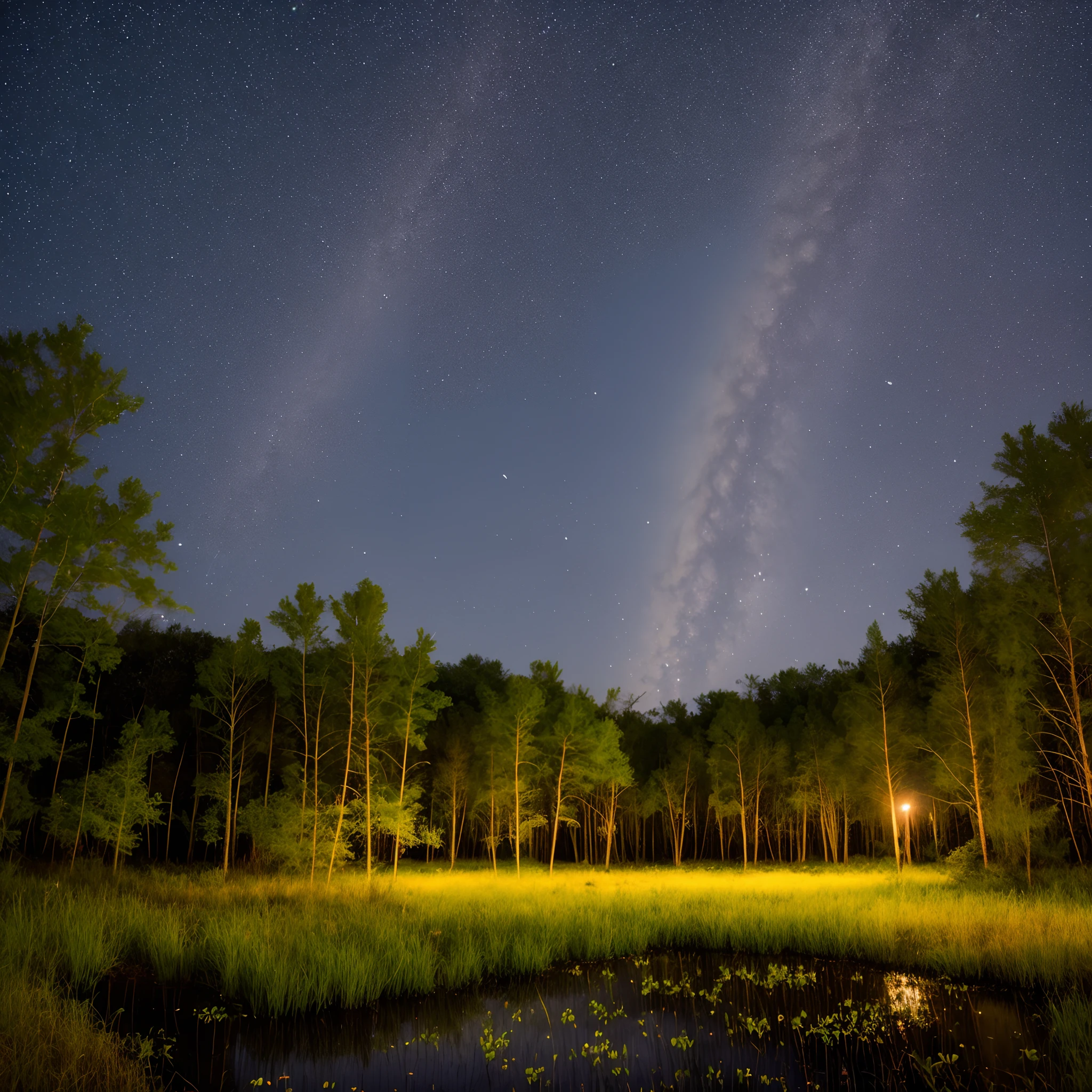 mystical purple swamp at night with fireflies and fairies and willow trees
