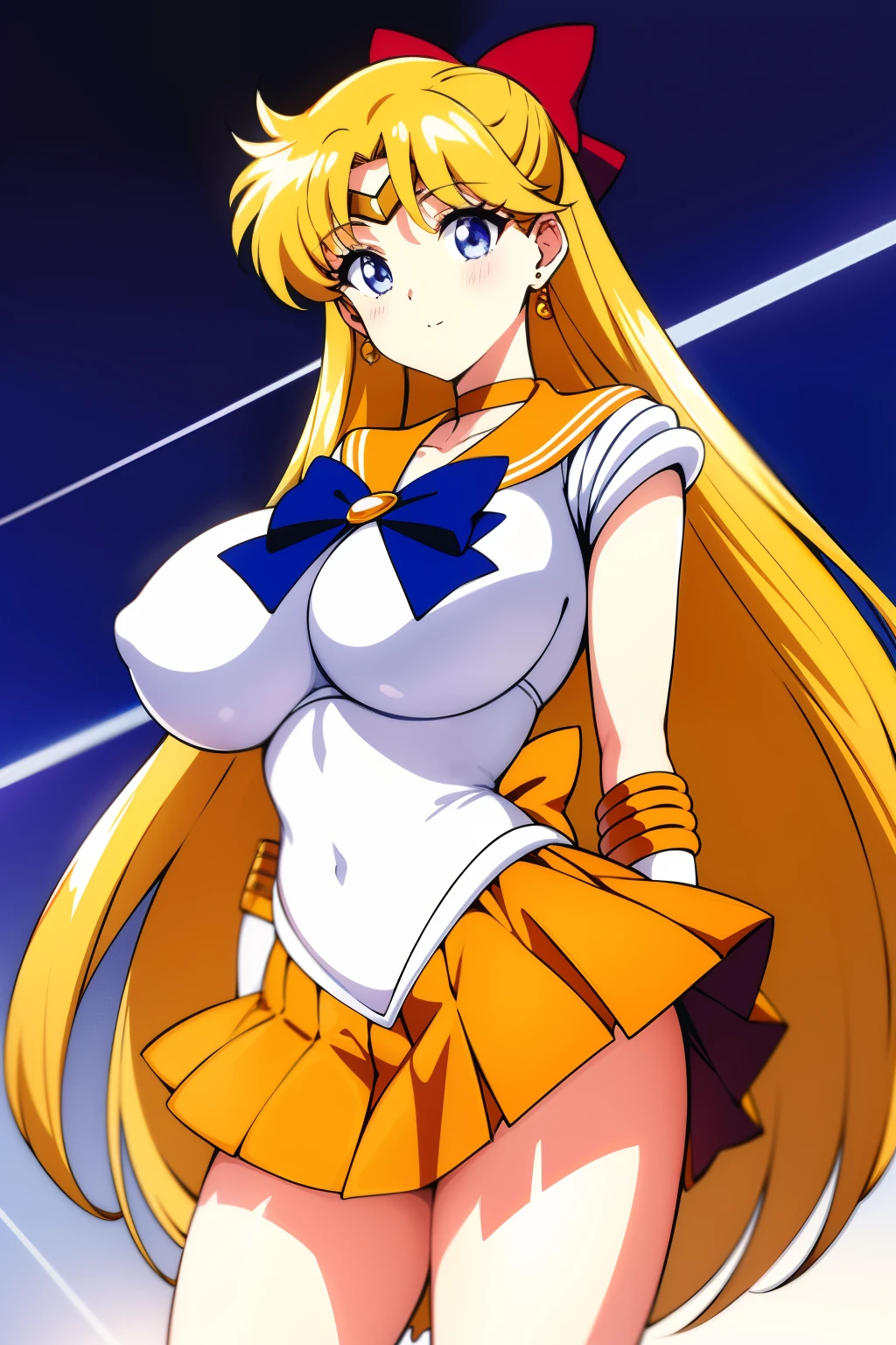 top-quality、masterpiece、Sailor Senshi Uniform、Anime Aunt、A MILF、aino minako、sailorvenus、Orange Choker、Golden Choker、bow、Very long blonde woman、Blue-eyed woman、white glove、elbowgloves、Orange skirt、Golden skirt、rating:safe、solo、magical girl、Orange sailor collar、Golden sailor collar、purple bowtie、red_bow、back_bow、jewelry、hair_bow、耳Nipple Ring、Woman with very large breasts、huge tit、circlet、a miniskirt、pleatedskirt、Half Up Hair、purple_bow、cowboy_shot、looking_at_viewer、White leotard、highleg leotard、robe blanche、nigh sky、Woman standing、shiny、bare legs、Bare shoulders、(1990's\(styles\):0.9)、