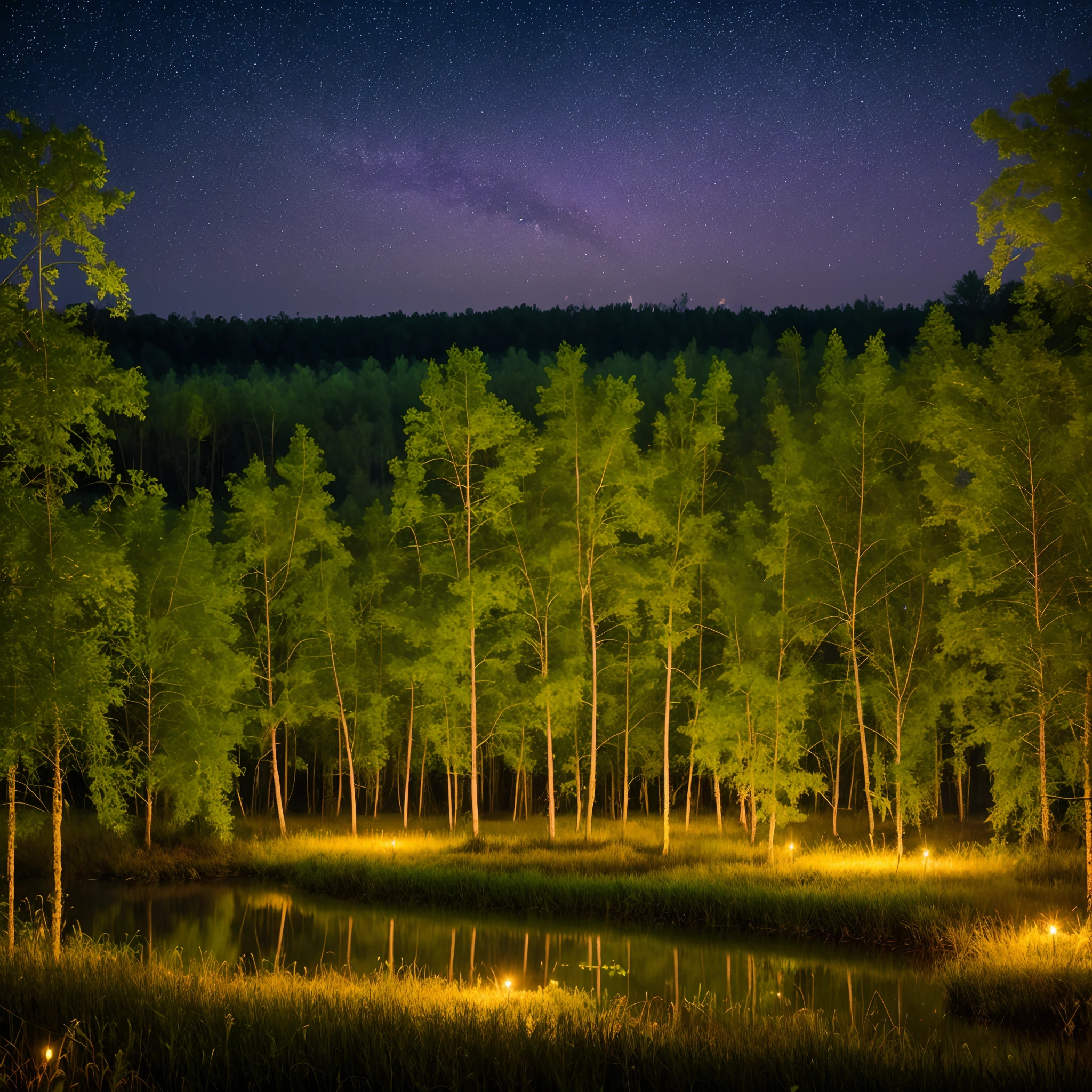 mystical purple swamp at night with fireflies and fairies and willow trees