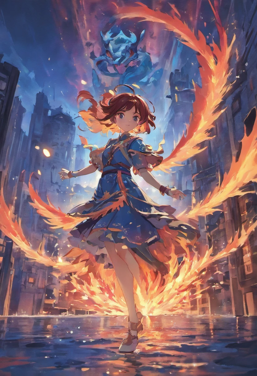 Dragon flying over burning town、large plumage、highcontrast、Girl is looking at the sky、red fullmoon、splash water､Flowing flame、detailed girl、neon color､Incandescent effect､18year old、(Yanlong、Ice Dragon;5,5)