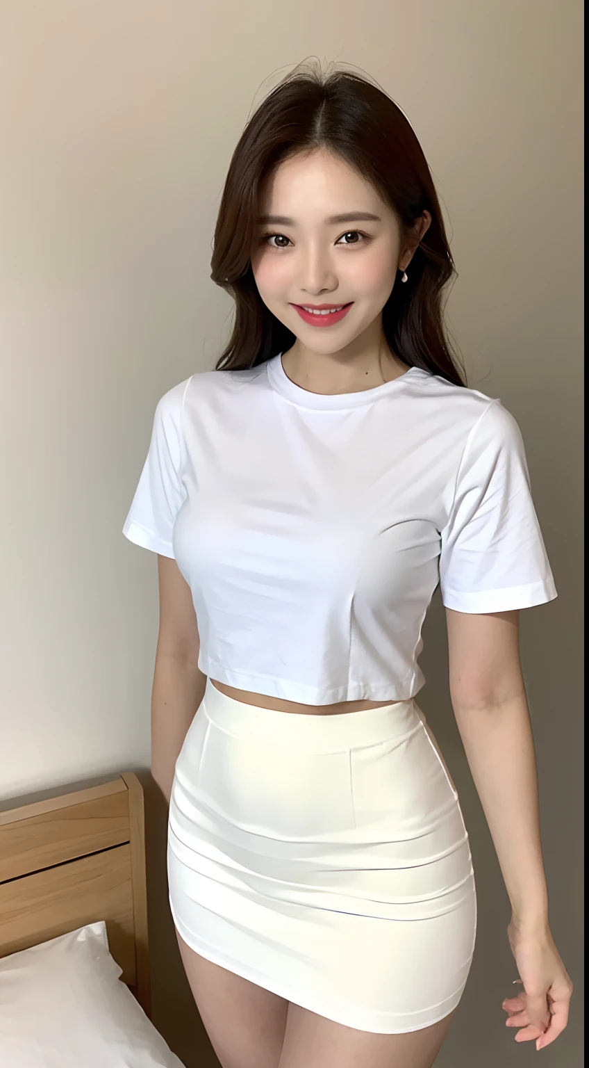 White tight shirt、White tight mini skirt、bed、smile、short sleeve、high resolution、Hallyu Idol Face