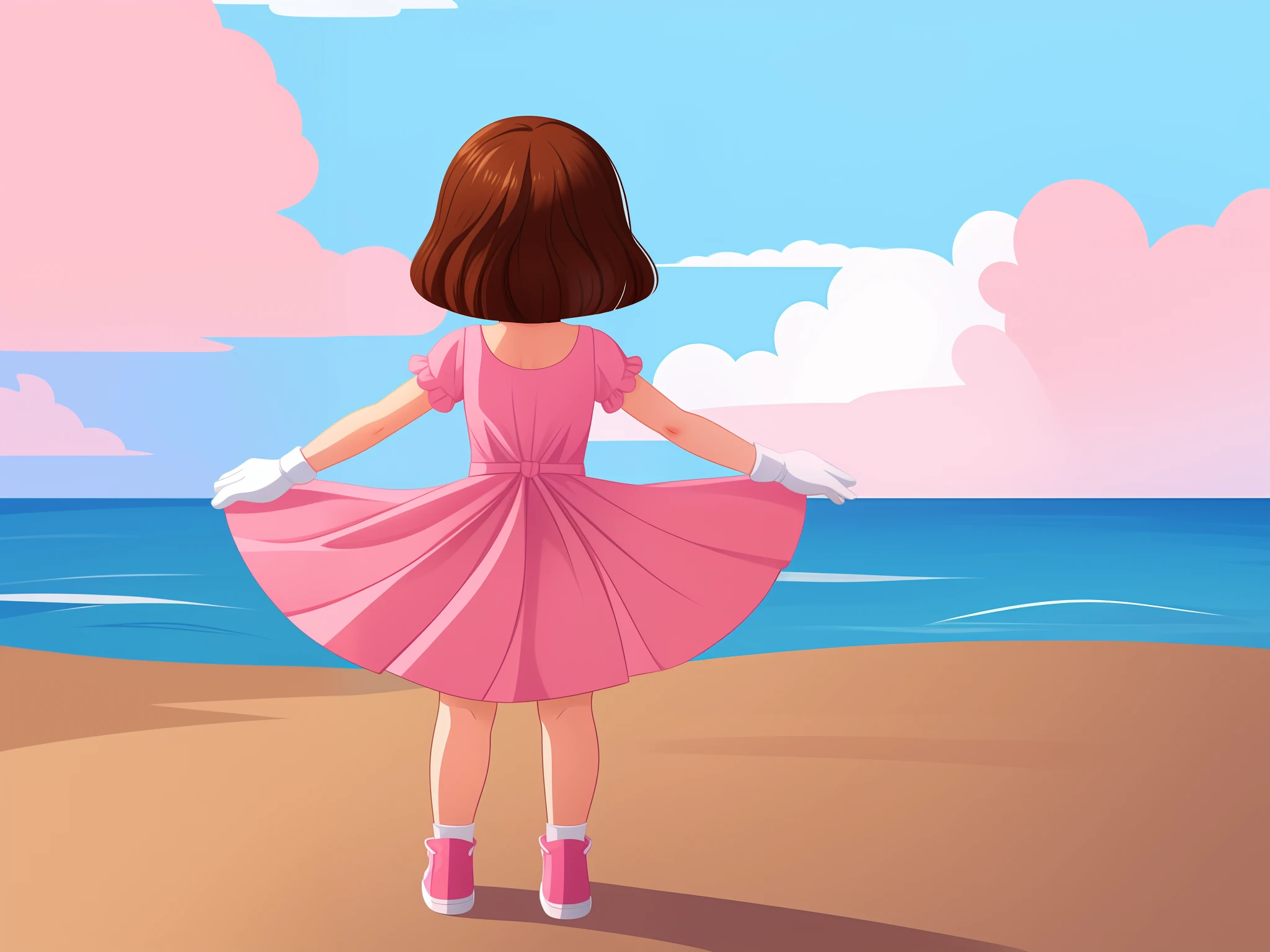 back image, a single 5  girl with her back looking at an island on the horizon, alone, standing, with brown hair, arms apart, legs apart, pink dress, white gloves, pink shoes, Illustration style 2D childish.