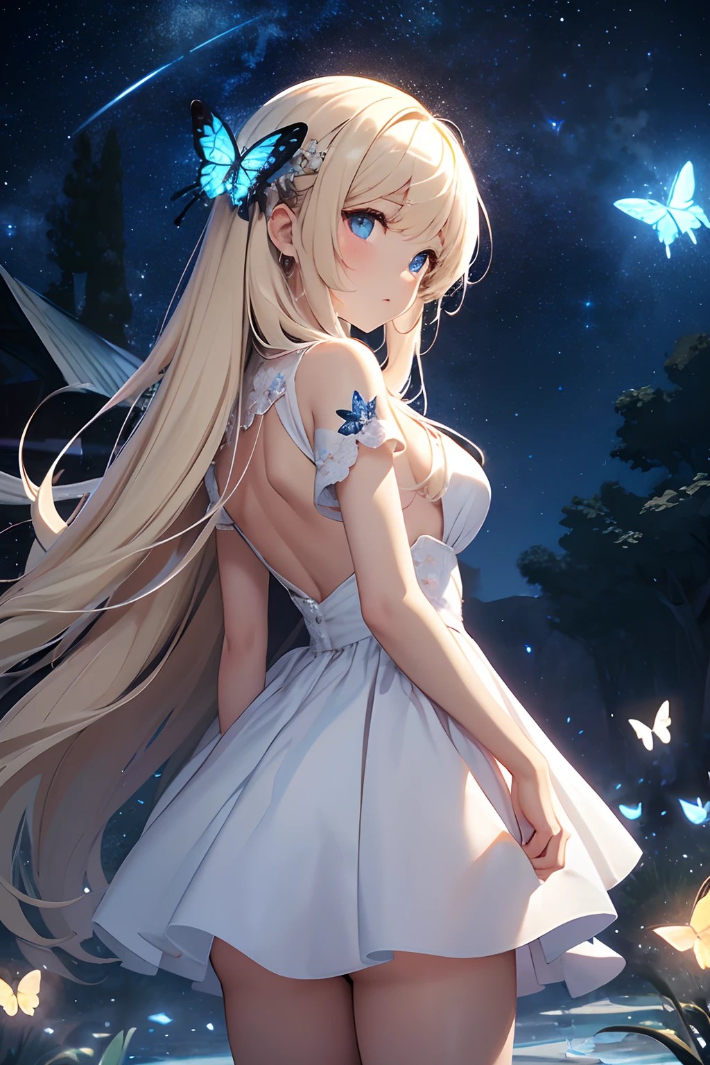 masterpiece、Background with((Fantastic starry sky、kosmos、black hole))、heavy wind、I'm holding my hair back、Butterflies in a white mini dress with a slit々Embroidery、Blonde Long、Butterflies with hair in a bun々Pin in、Rear view、Beautiful girl in the distance、butterflys々emits light blue light