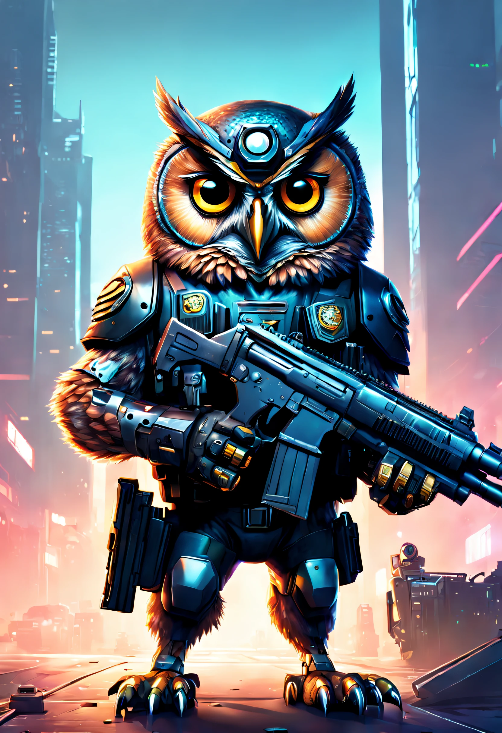 In a lovely way, Grumpy, Angry owl in FBI commando uniform, Holding a gun， Infuse it with a captivating cyborg and cyberpunk twist