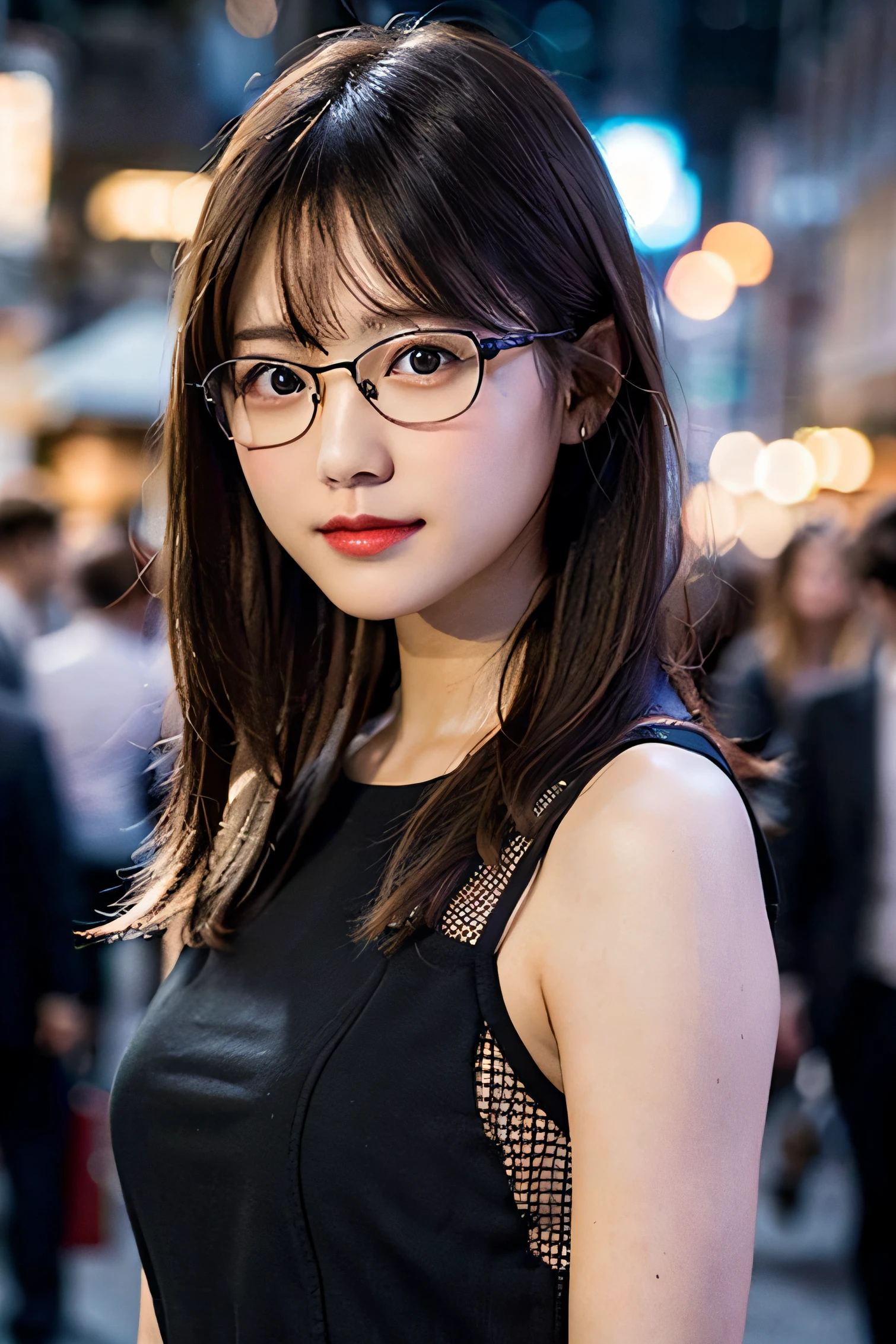 (8K、Raw photography、top-quality、​masterpiece:1.2)、(realisitic、Photorealsitic:1.37)、ultra-detailliert、超A high resolution、1人、see the beholder、beautifull detailed face、A smile、Constriction、(Slim waist) :1.3)、White summer clothes、Beautiful detailed skin、Skin Texture、Floating hair、Braided hair、Professional Lighting、Downtown at night、((Black square glasses )) 、Whole human body、Brown hair