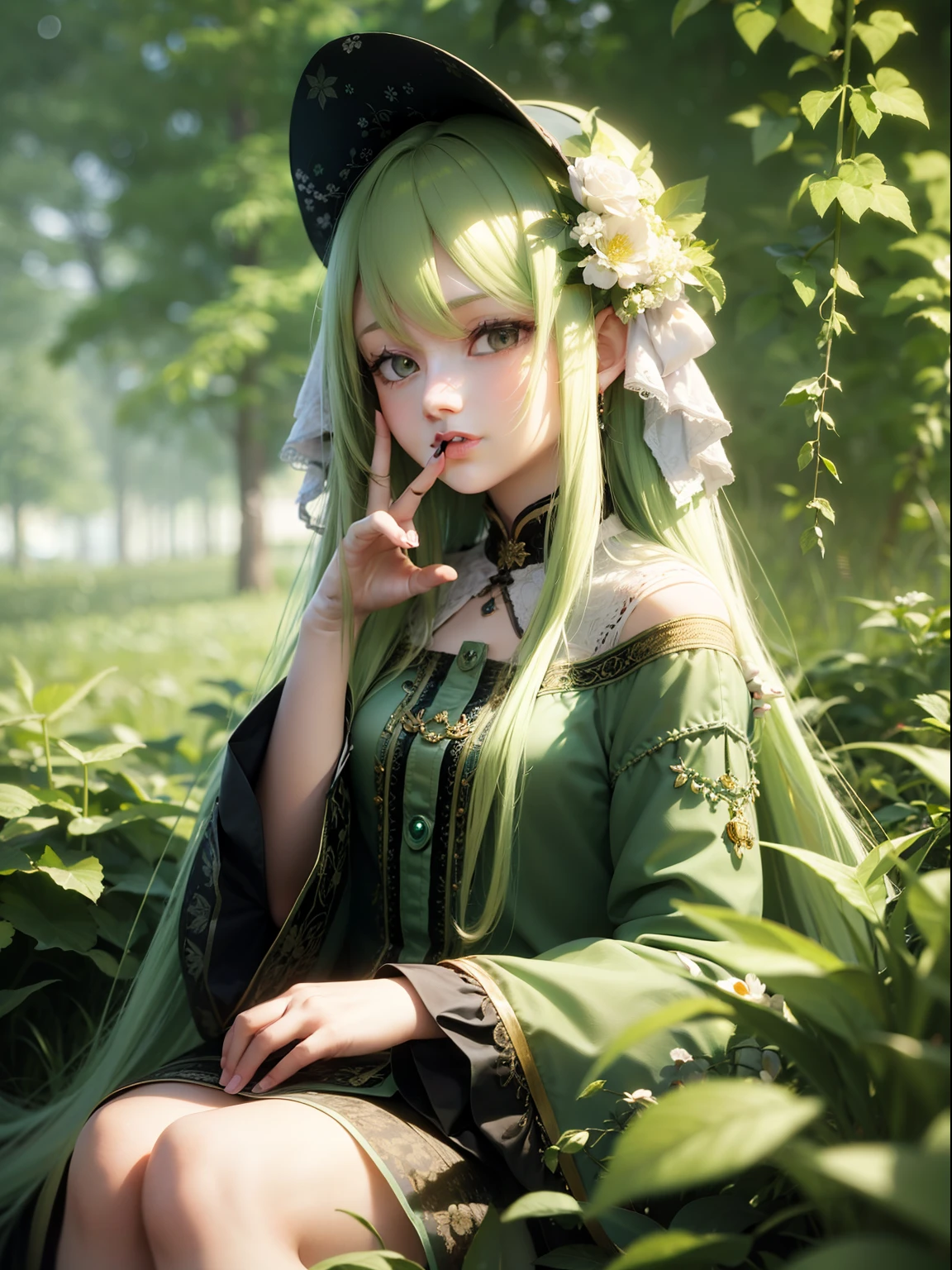 (masterpiece, best quality),1girl with long green hair sitting in a field of green plants and flowers, her hand under her chin, warm lighting, white dress, blurry foreground