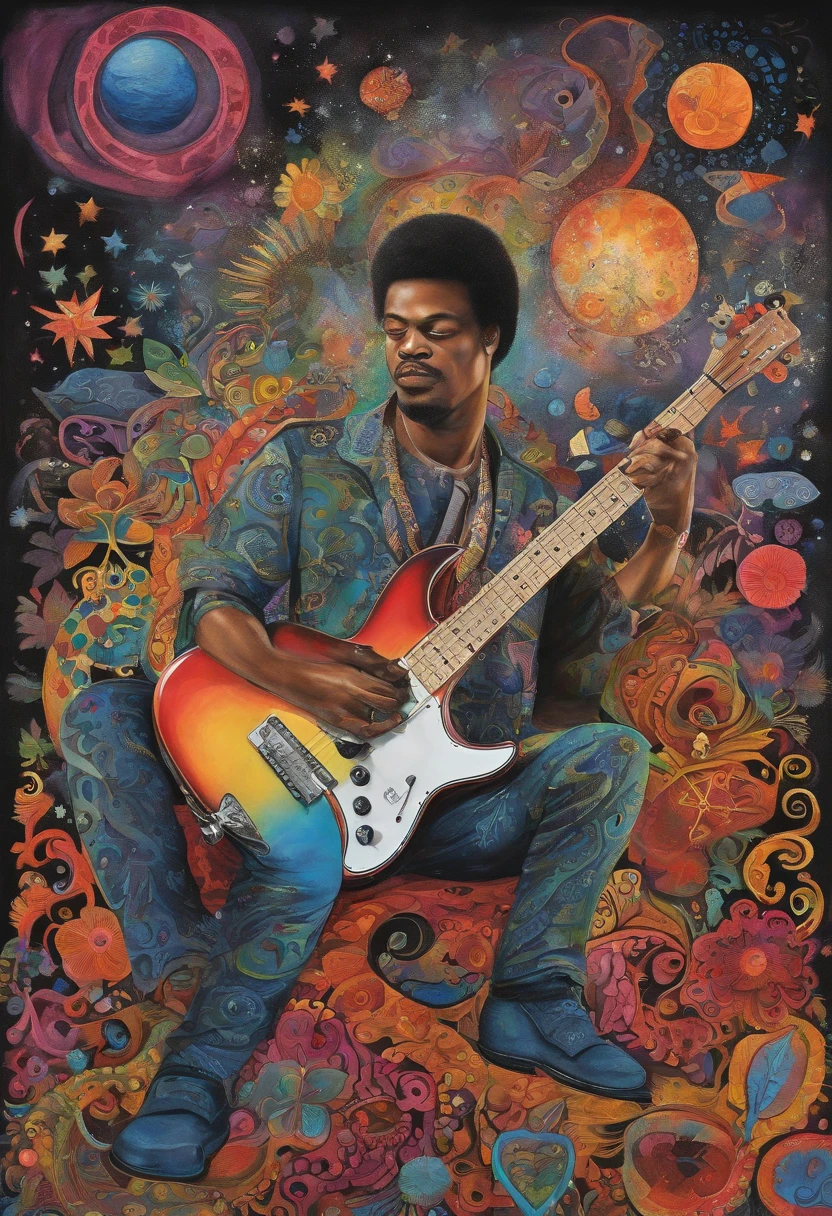 Generate a photorealistic image with a cooler tone, styled like a photograph. On the left side, show a male Kabuki actor inspired by 'Nakko Edobei' from Toshusai Sharaku's works, emulating the style of a legendary left-handed Black guitarist from the 1960s. The actor is depicted passionately playing the guitar, with his mouth open in an intense expression. On the right, have a Flying V guitar floating, enhancing the coolness of the scene. The backdrop is cosmic and space-themed, with a neon, punk, cyber, and psychedelic atmosphere. Include graffiti and geometric designs with a psychedelic color palette. The design should have a collage feel, with typographical elements spelling out 'LOVE,' 'HATE,' 'PEACE,' 'WAR,' and 'FREEDOM'. Integrate cut-out elements that reflect the psychedelic world of the 1960s, with imagery of hippies, Woodstock, weightlessness, liberation, and freedom, along with related items and objects floating in the scene.
