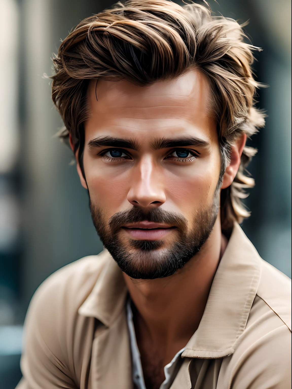 Photorealistic of a insanely handsome man with light brown messy hair, honey eyes, in the style of panasonic lumix s pro 50mm f/1.4, light beige and dark azure, celebrity images mashups, soft realism, barbiecore, unreal engine 5, 32k uhd, luminous quality, Brazilian realism, niji 5